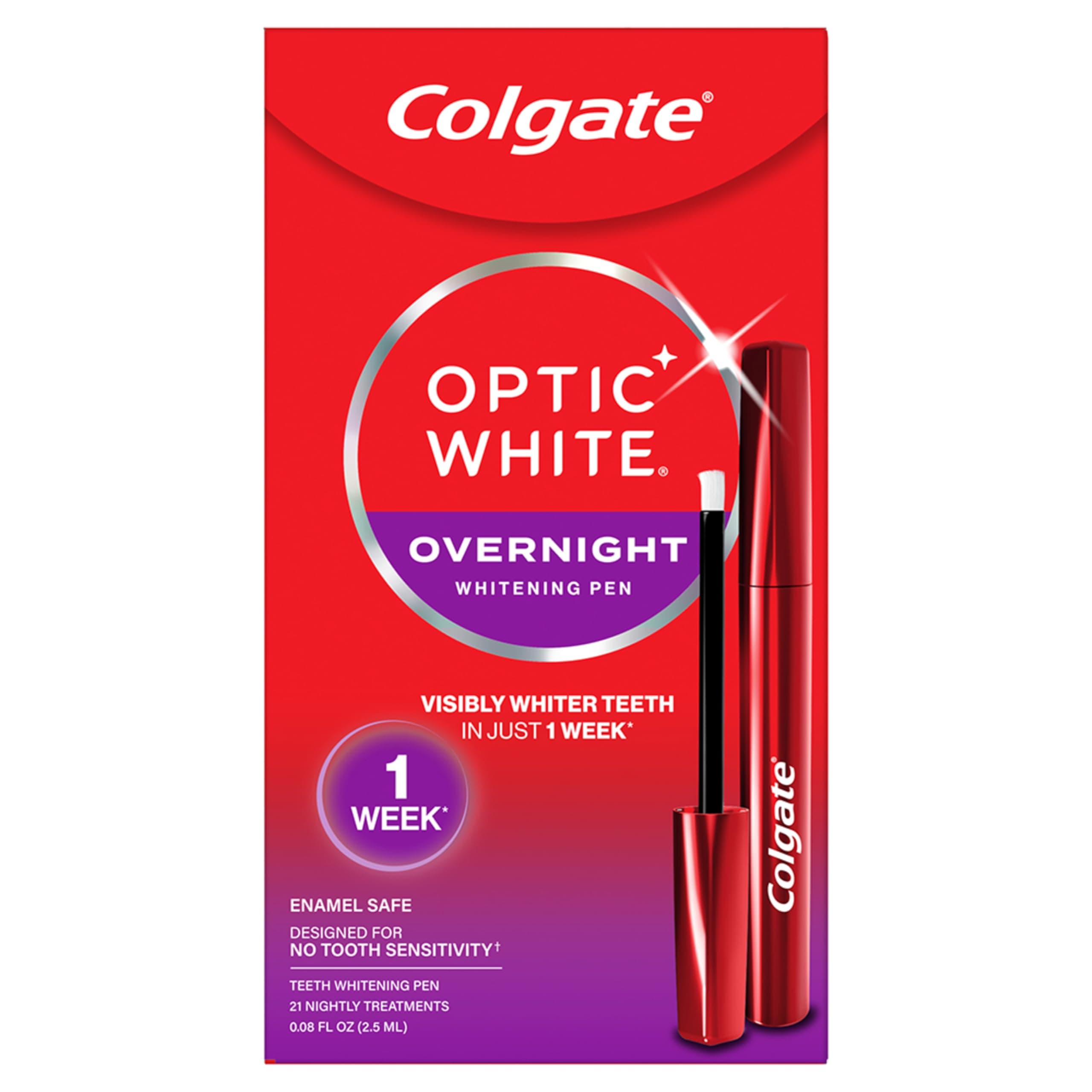 Colgate Optic White Overnight Teeth Whitening Pen, Hydrogen Peroxide Teeth Whitening Pen, Visibly Whiter Teeth in Just 1 Week When Used as Directed, 21 Whitening Treatments, 0.08 fl oz 0.08 Fl Oz (Pack of 1) Overnight Pen