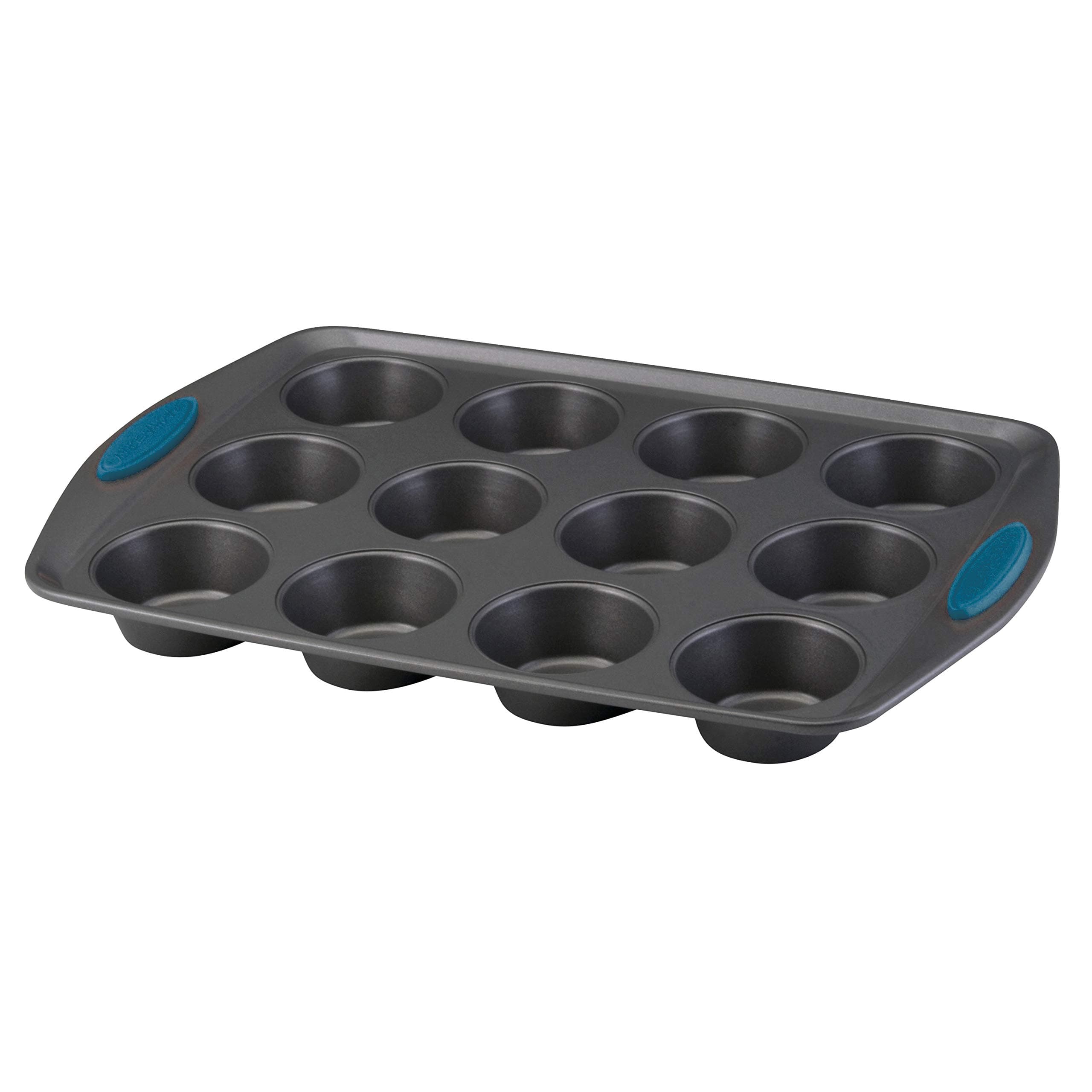 Rachael Ray Yum -o! Nonstick Bakeware 12-Cup Muffin Tin With Grips / Nonstick Cupcake Tin With Grips - 12 Cup, Gray 12 Cup Blue Grips