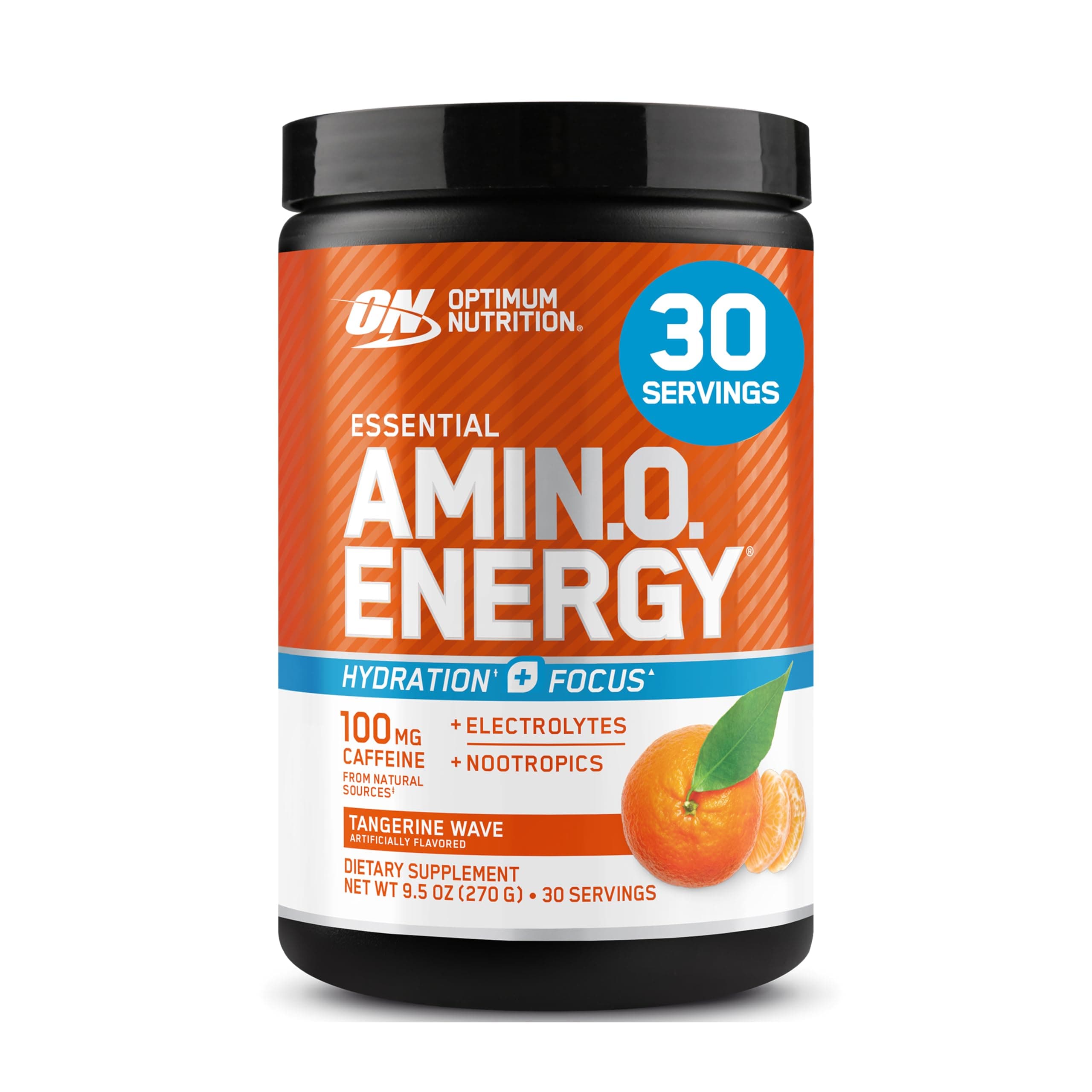 Optimum Nutrition Amino Energy Powder Plus Hydration, with BCAA, Electrolytes, and Caffeine, Tangerine Wave, 30 Servings (Packaging May Vary) Tangerine Wave 10.05 Ounce (Pack of 1)