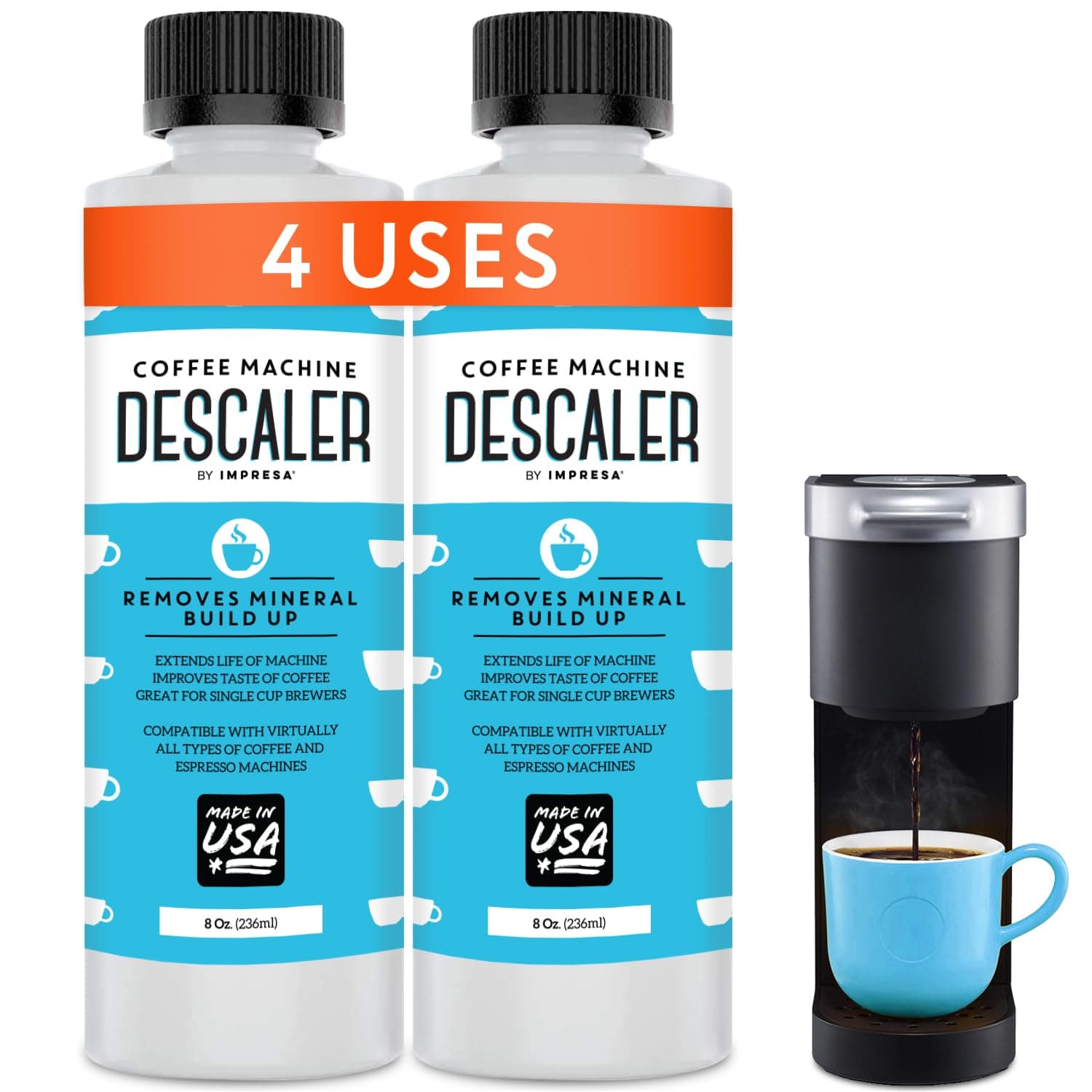 Descaler (2 Pack, 2 Uses Per Bottle) - Made in the USA - Universal Descaling Solution for Keurig, Nespresso, Delonghi and All Single Use Coffee and Espresso Machines 8 Fl Oz (Pack of 2)