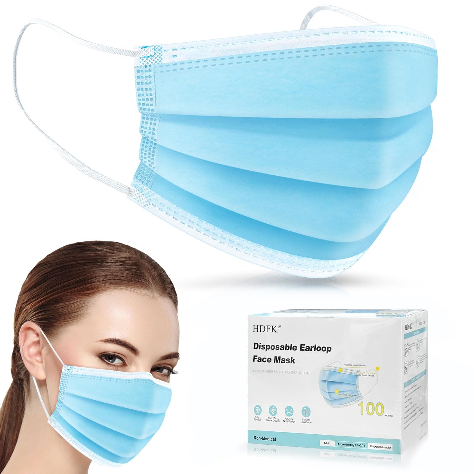 Disposable Face Mask Adult Blue Breathable Mask with Nose Clip Ear Loop 100 Pack 100 Blue
