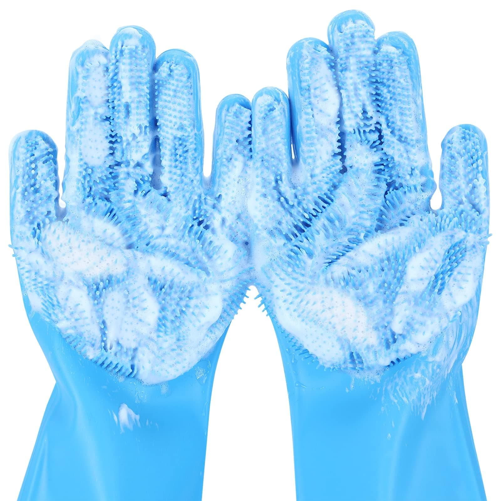 Pecute Pet Grooming Gloves - Heat Resistant Silicone Gloves with High-Density Teeth, Enhanced Five Finger Design for Bathing and Massaging Dogs and Cats, Blue Medium Blue