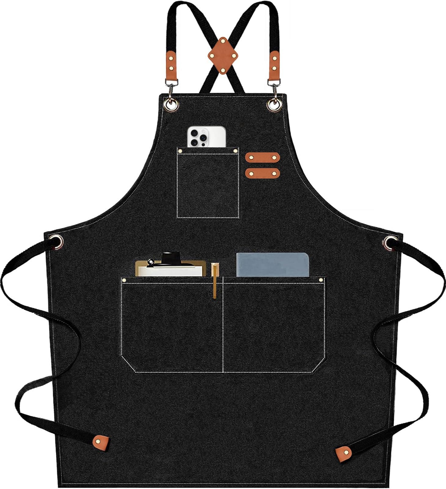 AFUN Chef Aprons for Men Women with Large Pockets, Cotton Canvas Cross Back Heavy Duty Adjustable Work Apron, Size M to XXL (Black)