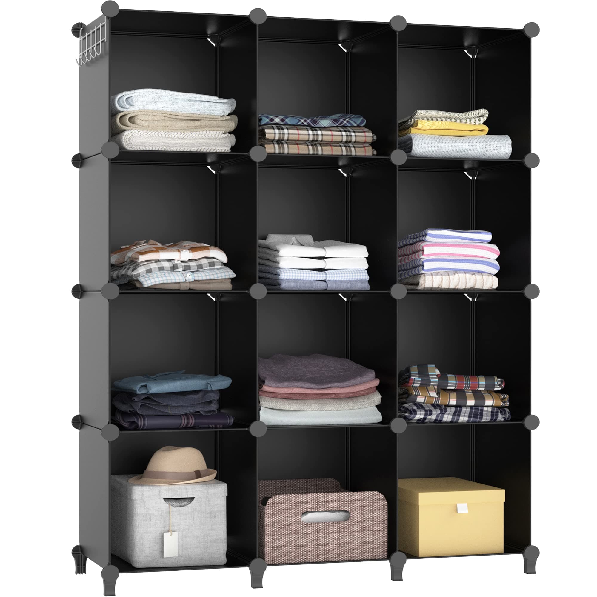 Closet Organizers and Storage, 12 Cube Storage Organizer, Portable Closet Organization Clothes Shelves for Kids, Closet, Bedroom, Bathroom, Office, Black
