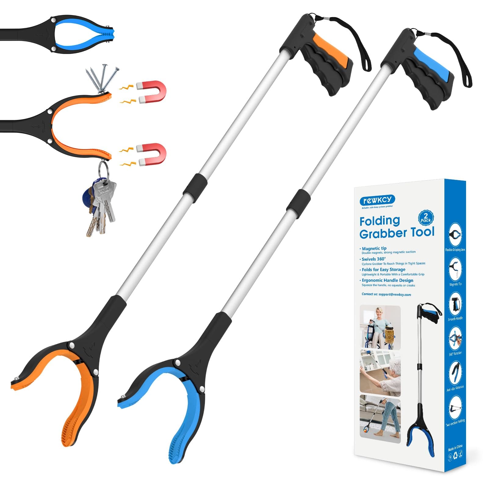 34" Grabber Reacher Tool, 2-Pack Foldable Reacher Grabber Pickup Tool with 360° Rotating Jaw & Magnets, Grabber Tool Heavy Duty 34-Inch