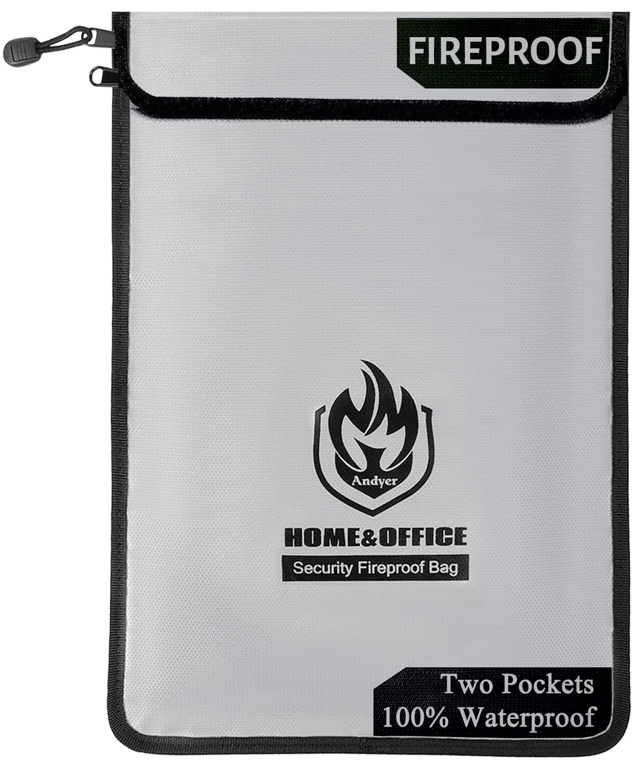 Upgraded Two Pockets Fireproof Document Bag (2000℉), andyer 15”x 11”Waterproof Fireproof Money Bag for Cash with Zipper, Important Document Storage Organizer for Valuables, Legal Documents Safe Grey
