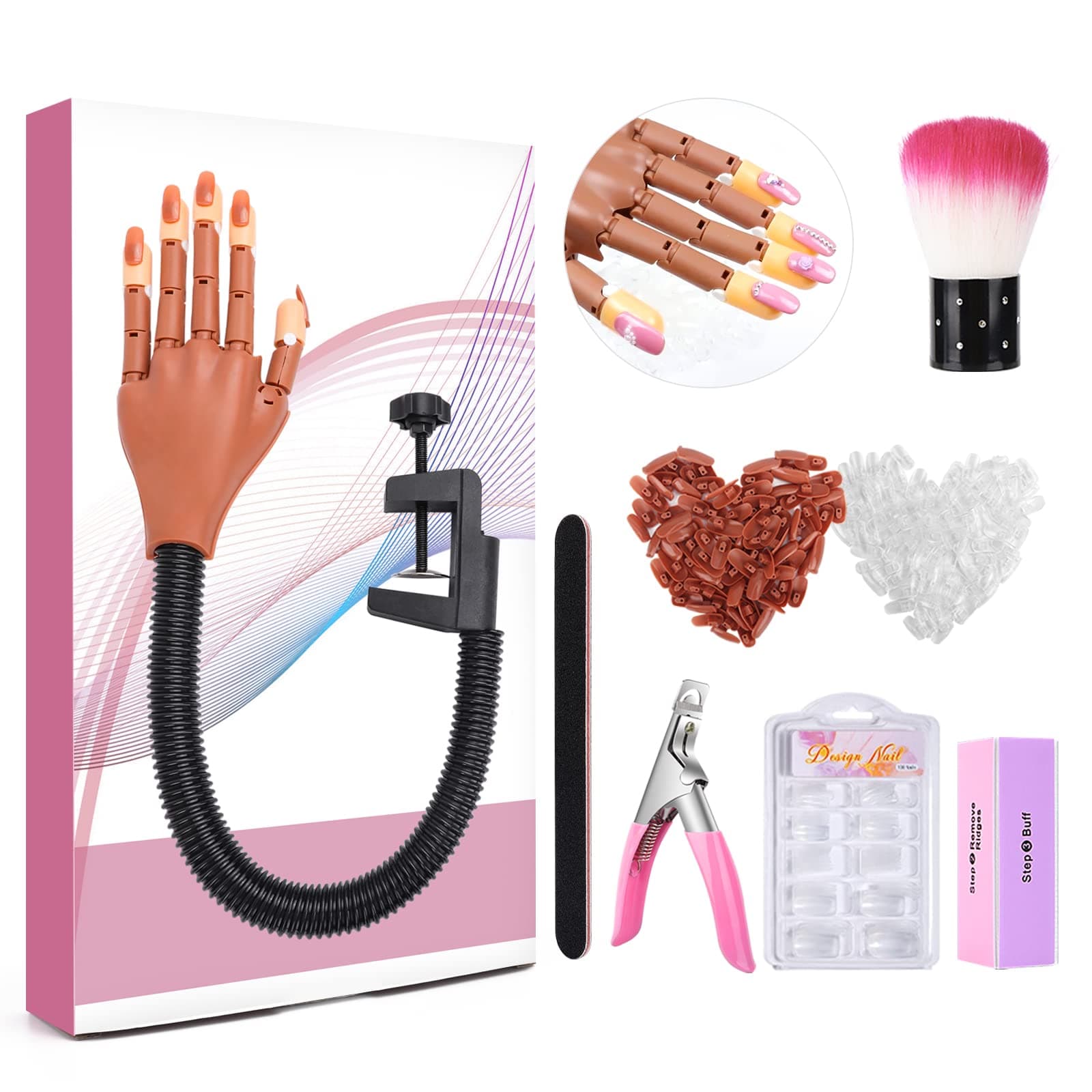 LIONVISON Practice Hand for Acrylic Nails, Flexible Nail Practice Hands Training Kits, Fake Manican Hands for Nails Practice, Movable Nail Maniquin Hand with 300PCS Nail Tips, File, Brush and Clipper TypeA-nail hand with tools