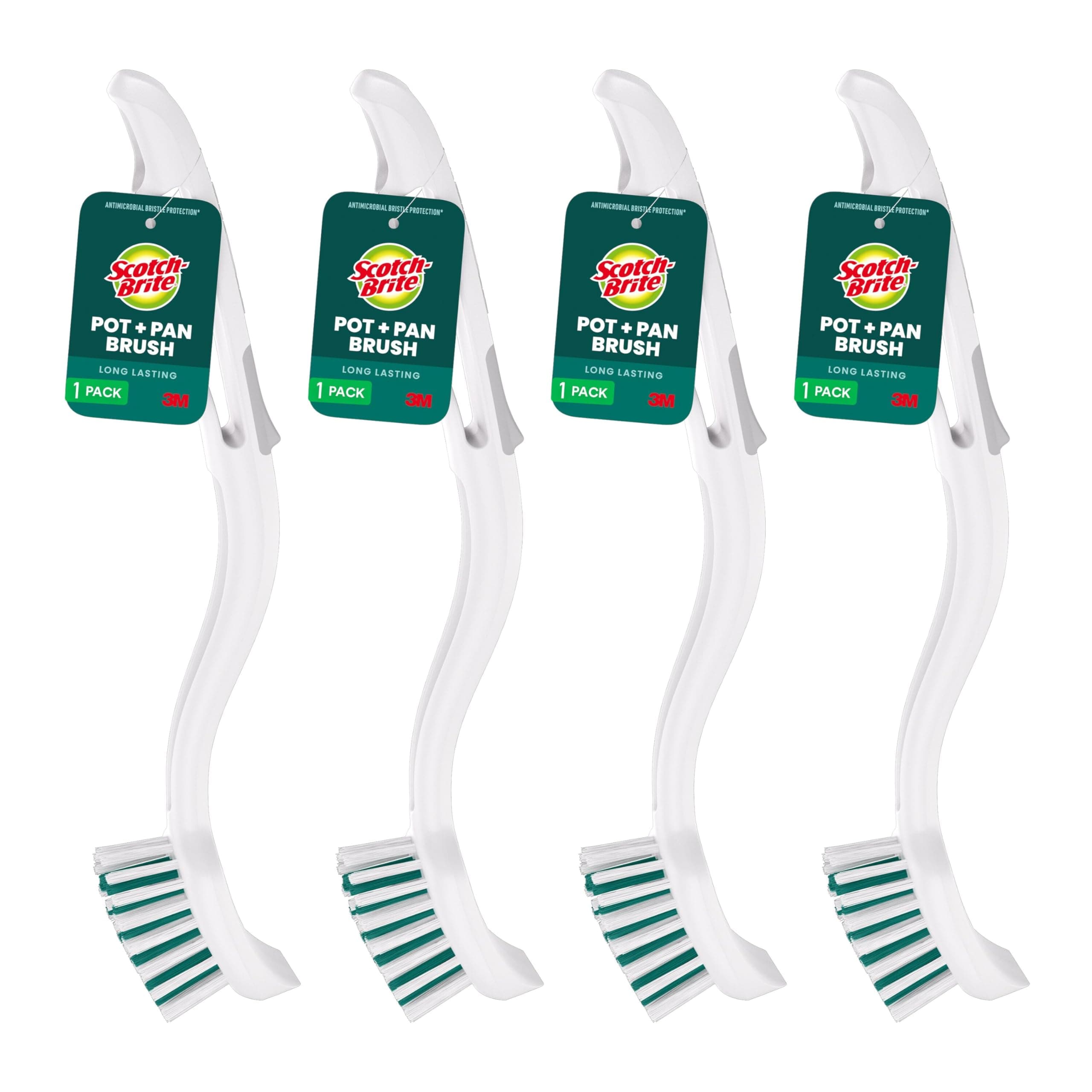 Scotch-Brite Pot + Pan Brush, Durable and Long Lasting Dish Brush with Handle for Scrubbing Stainless Steel, Outdoor Furniture, and Sinks without Scratching, Antimicrobial, and Rinses Clean
