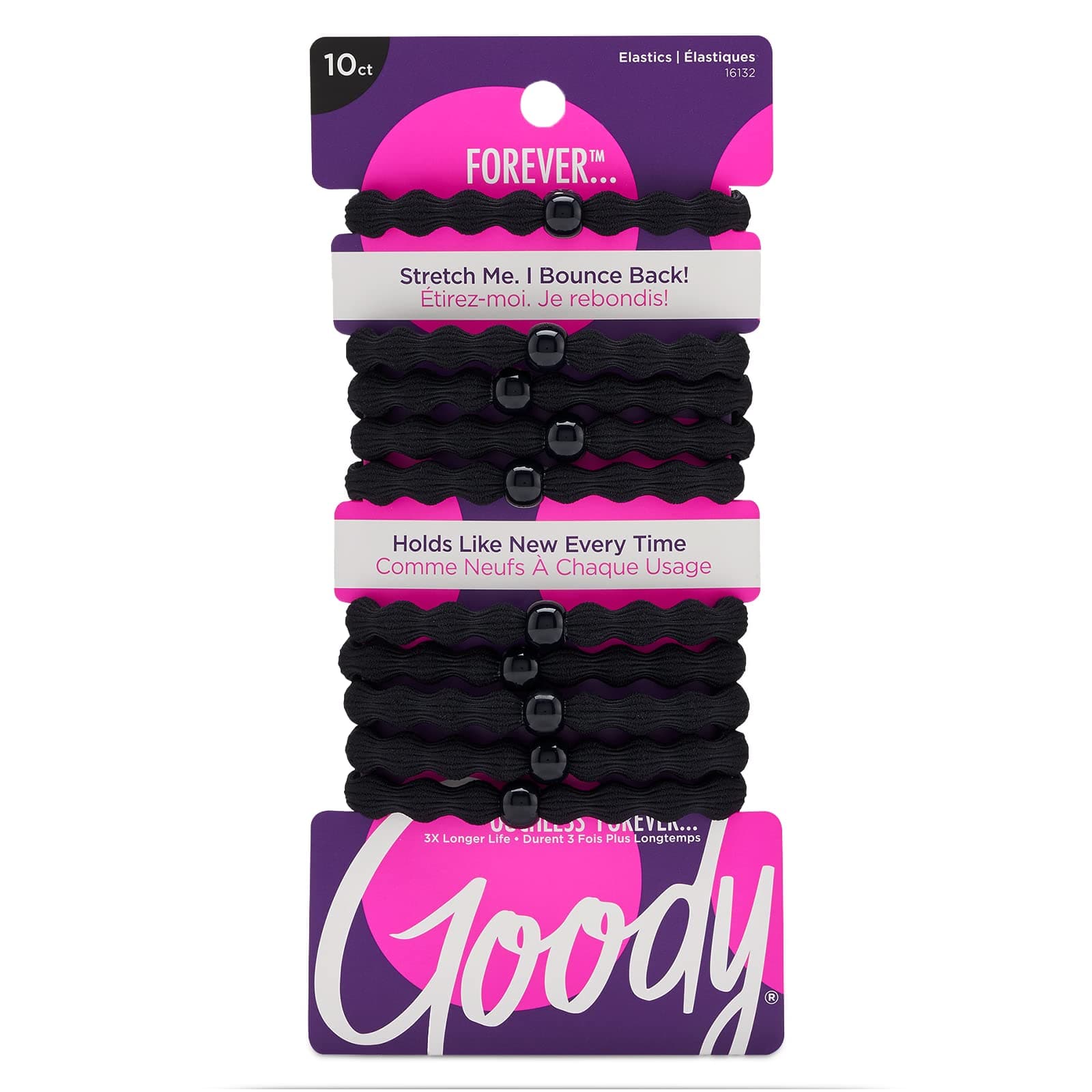 Goody Ouchless Forever Hair Elastics, 10 Ct, Black, Damage-Free Bands, 3X Stronger Elastic Ties, Retainable Shape, 16 Strand Inner Core, Styling Accessories for Women & Men, All Hair Types 10 Count (Pack of 1) Black