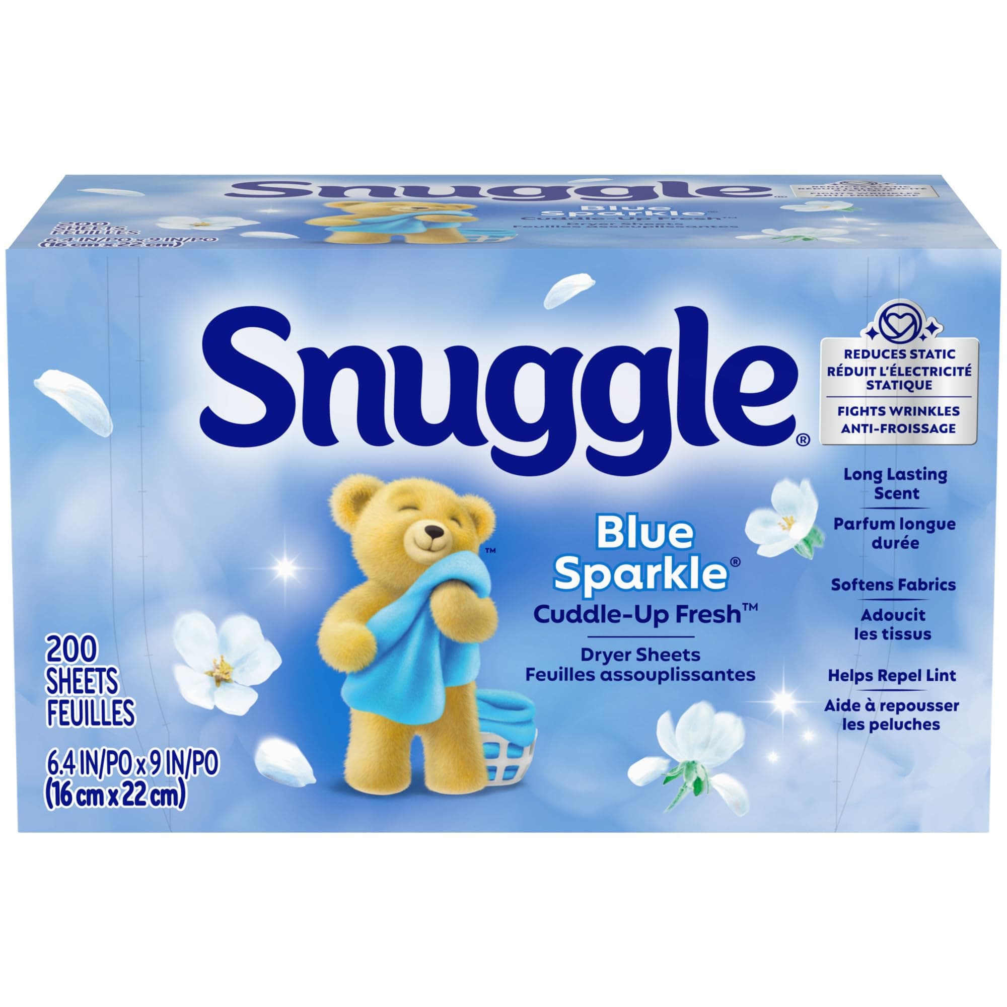 Snuggle Dryer Sheets, Long Lasting Fresh and Clean Scent, Laundry Fabric Softener, Control Static, Reduce Wrinkles, HE Safe, 200 Count Blue Sparkle 1 Count (Pack of 200)