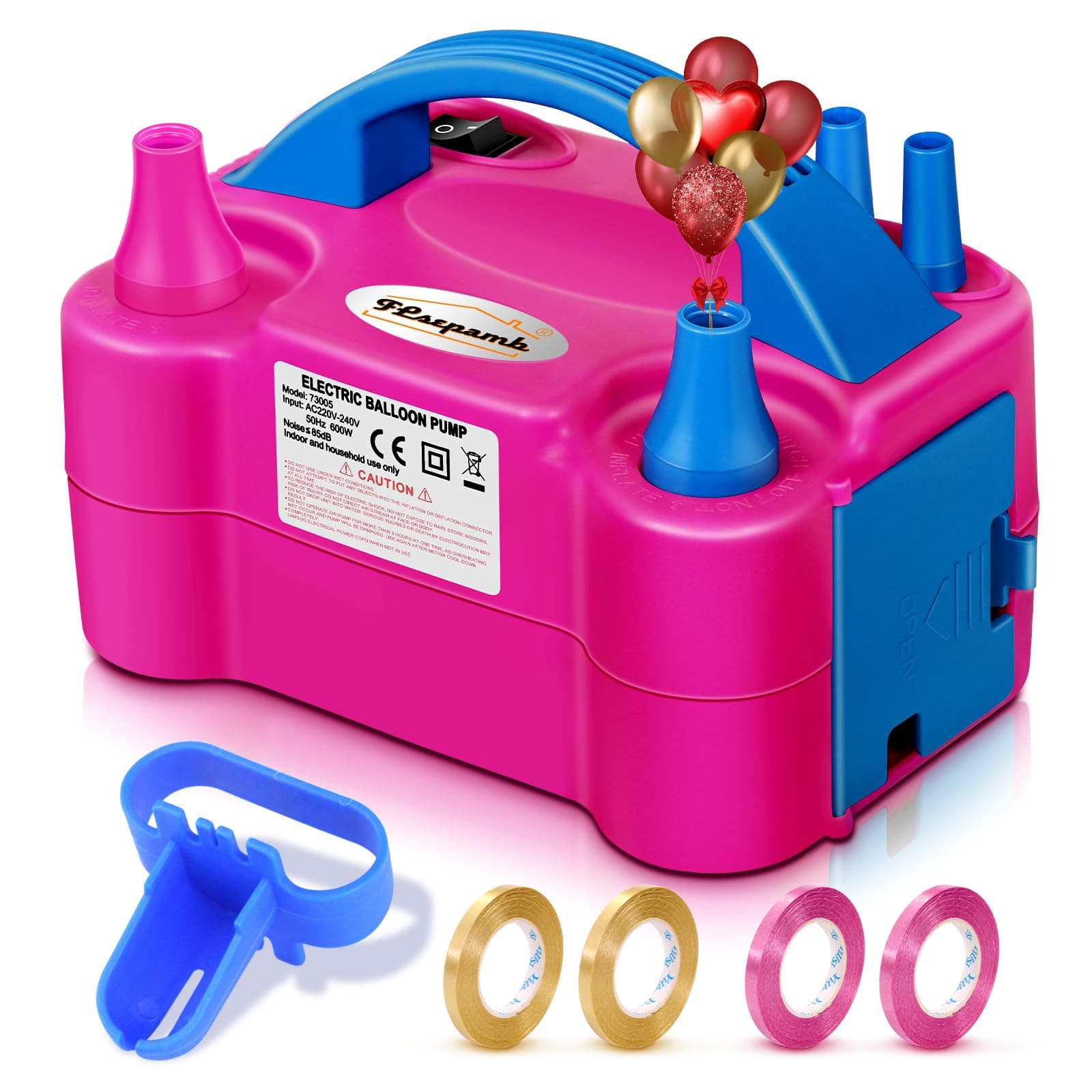 FLSEPAMB Balloon Pump, Electric Balloon Pump,Portable Dual Nozzles Electric Balloon Air Pump 110V 600W, Electric Balloon Inflator with Tying Tool, Colored Ribbons for Party Decoration Rose-red