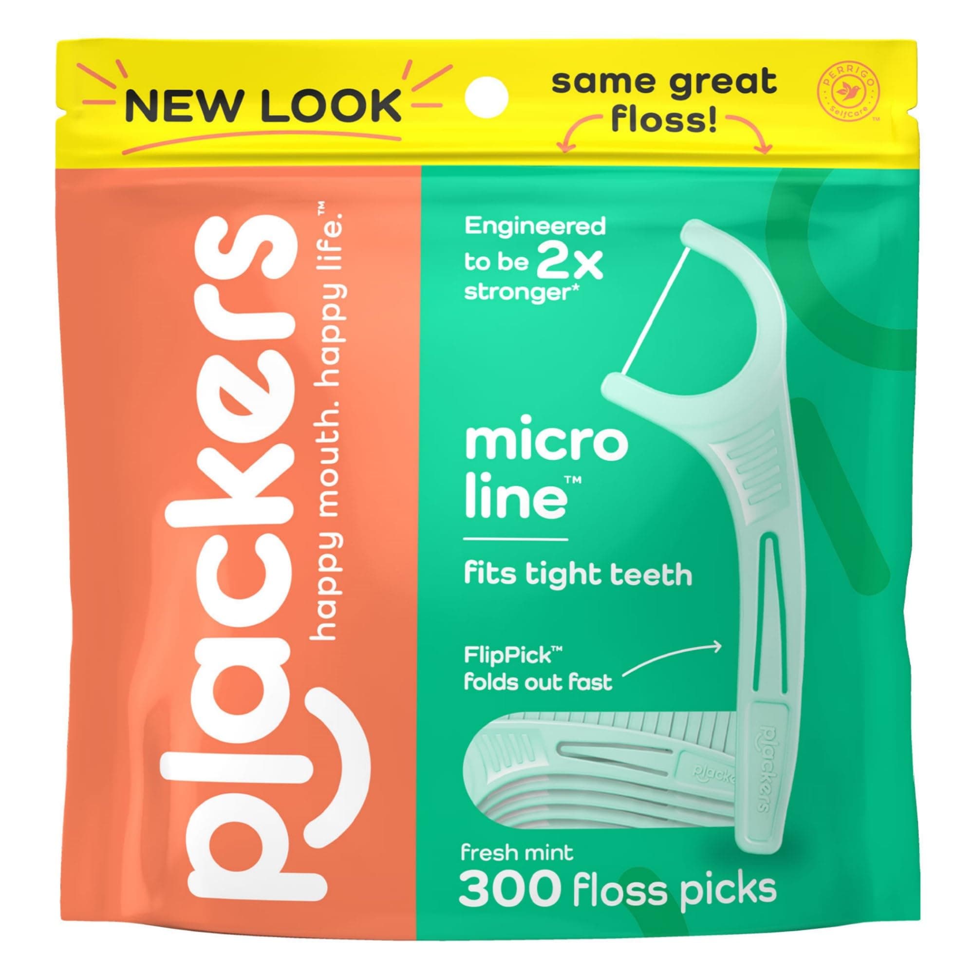 Plackers Micro Line Dental Floss Picks, Fold-Out FlipPick, Tuffloss, Easy Storage with Sure-Zip Seal, Fresh Mint Flavor, 300 Count 300 Count (Pack of 1) Floss Picks