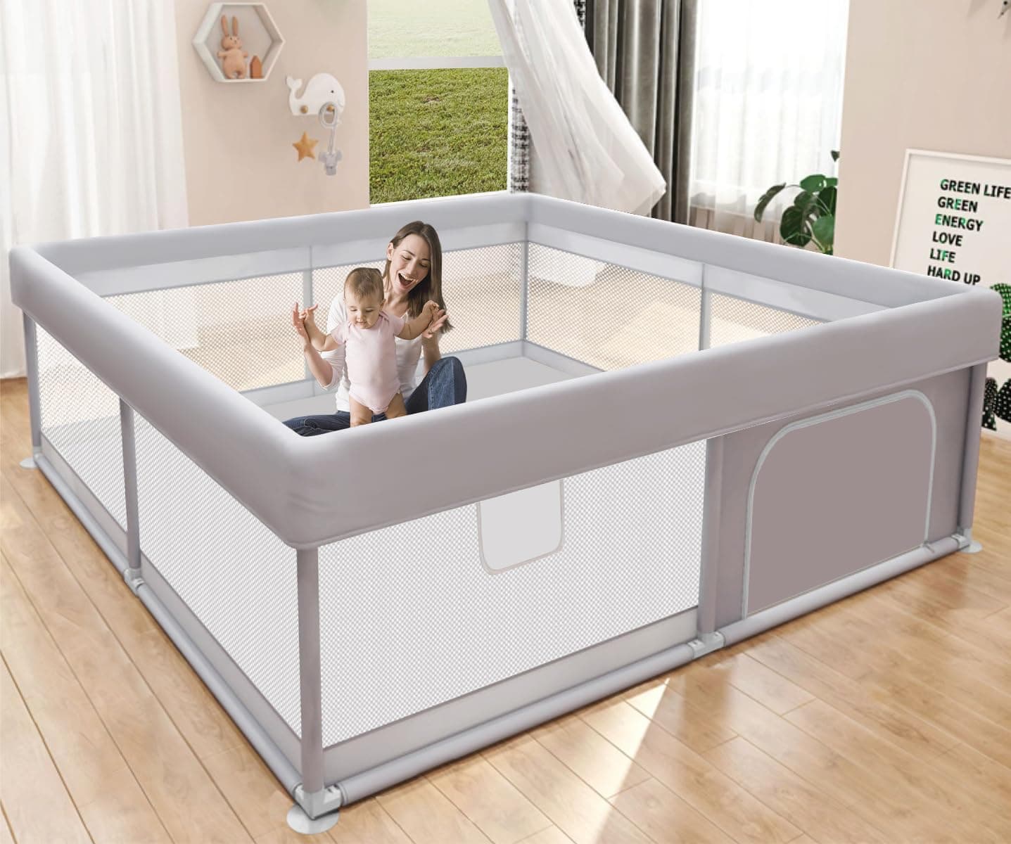 Baby Playpen 50x50 Inch, Play Pens for Babies and Toddlers Baby Fence Play Yards for Indoor & Outdoor with Breathable Mesh Anti-Fall Playpen light grey 50"X50"