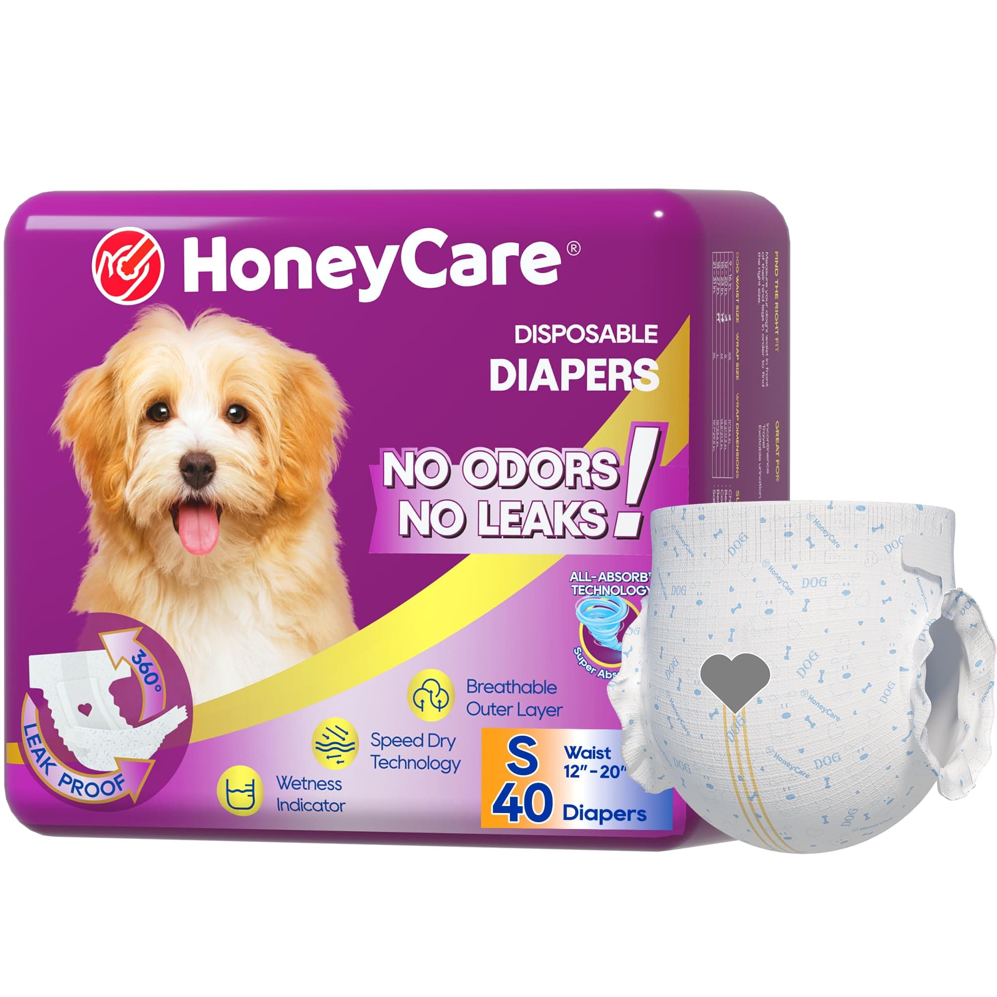 HONEY CARE All-Absorb Disposable Female Dog Diapers Small Size, Improved, 40 Count, Super Absorbent, Breathable, Wetness Indicator (Pack of 1, 40 Count Total) SMALL(Pack of 1)