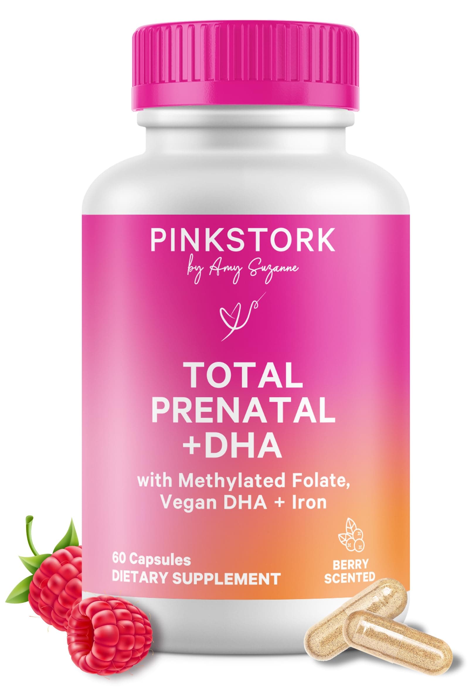 Pink Stork Total Prenatal Vitamins with DHA, Folate, Iron, Choline, and Vitamin B12 - Prenatals for Women to Support Fetal Development, Pregnancy Essentials, Berry Essence, 60 Capsules, 1 Month Supply 60 Count (Pack of 1)