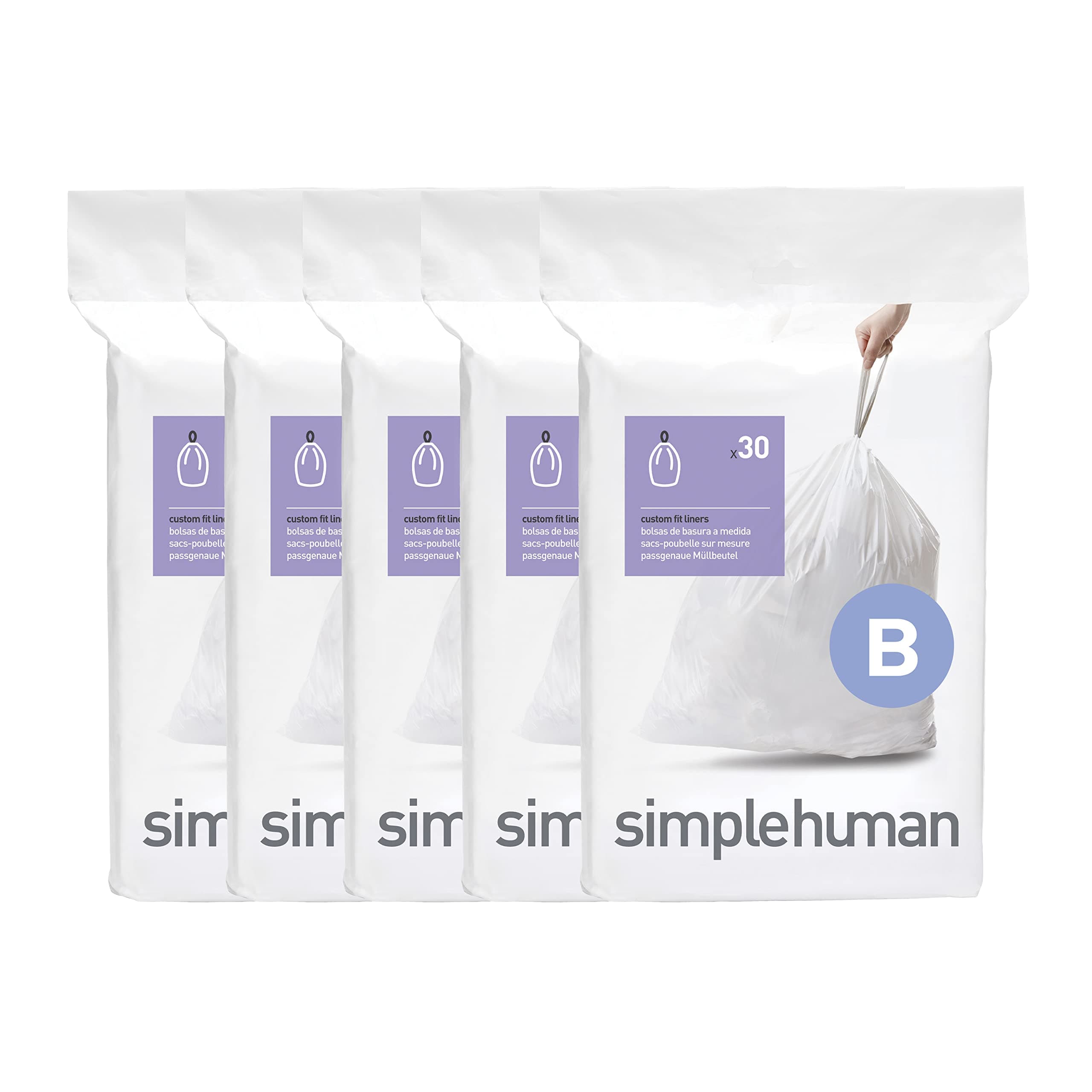 simplehuman Code B 150 Count, Dispenser Packs Custom Fit Liners, Drawstring Trash Bags, 6 Liter / 1.6 Gallon, White 150 Count (Pack of 1)
