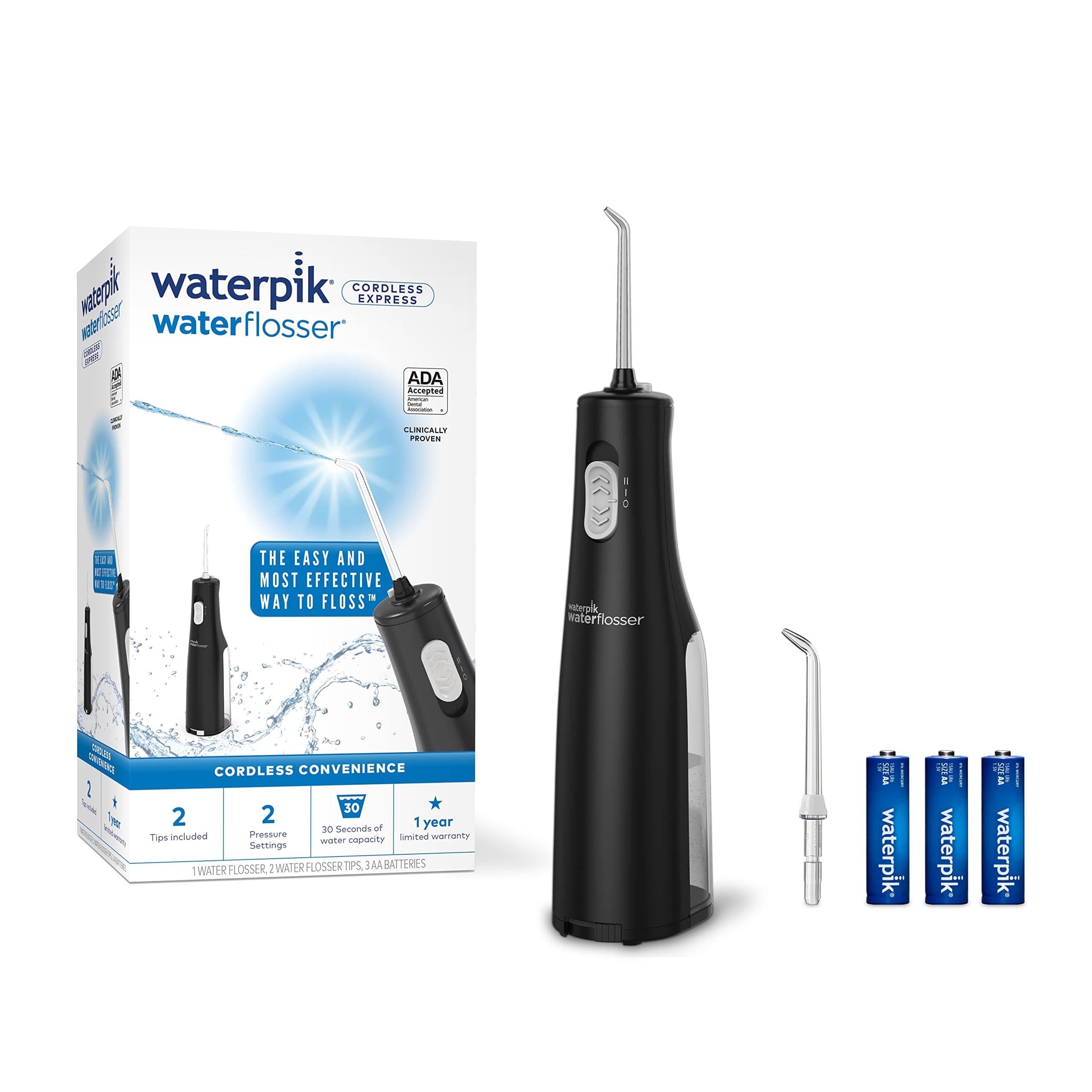 Waterpik Cordless Express Water Flosser, Battery Operated & Portable for Travel & Home, ADA Accepted, Waterproof for Shower Use, Black WF-02, Packaging May Vary Black AA battery