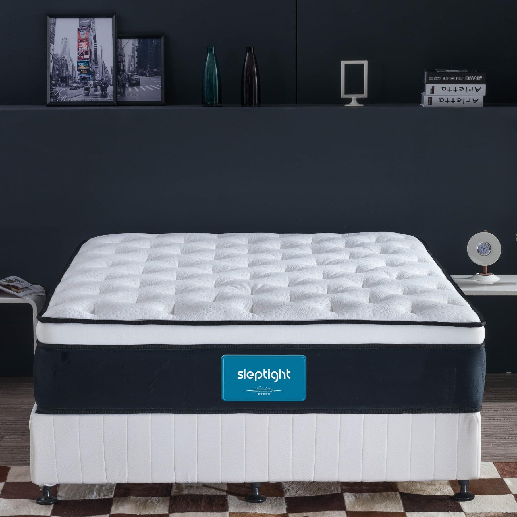 King Mattress, 12 Inches Pillow Top Hybrid Mattress in a Bag, Memory Foam Pocket Spring for Medium Firm Support Navy King