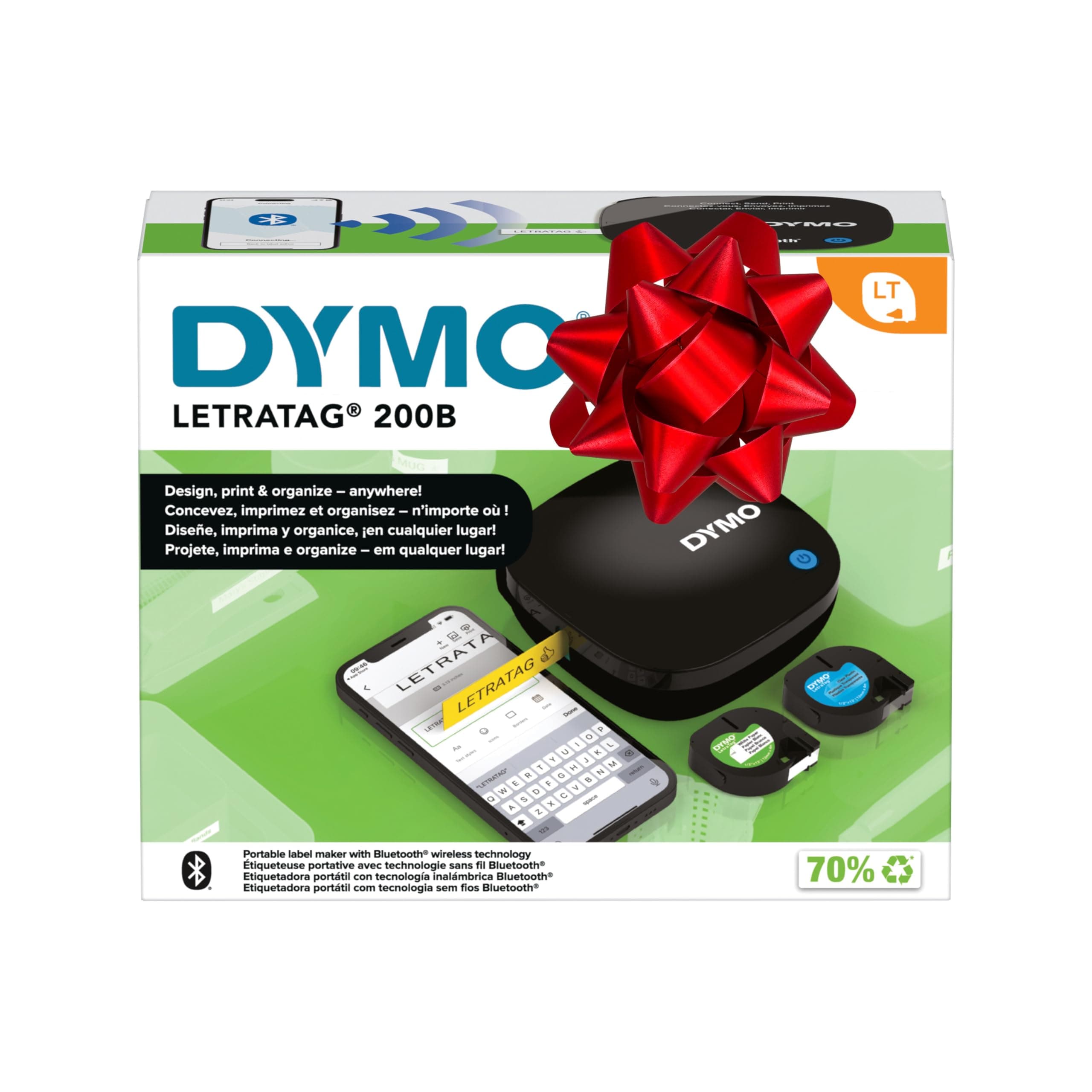 DYMO LetraTag 200B Bluetooth Compact Label Maker, Value Pack, Wireless Connection to iOS and Android, Includes 3 Assorted Label Tapes Black + 3 Tapes
