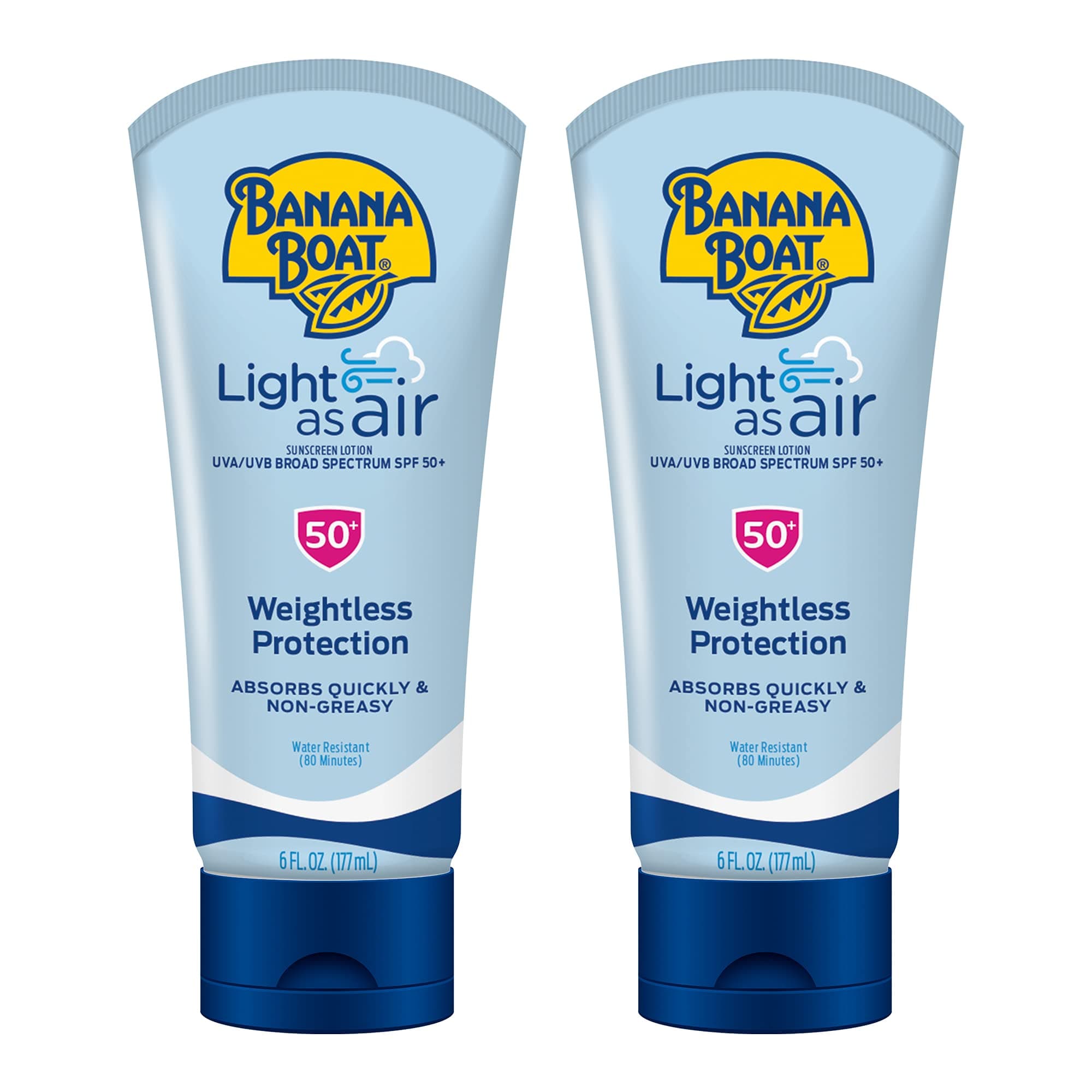 Banana Boat Light As Air Sunscreen Lotion SPF 50 Twin Pack | Lightweight & Non-Greasy Lotion Sunscreen SPF 50, Sunblock, Oxybenzone Free, 6oz each 6 Fl Oz (Pack of 2) Lotion