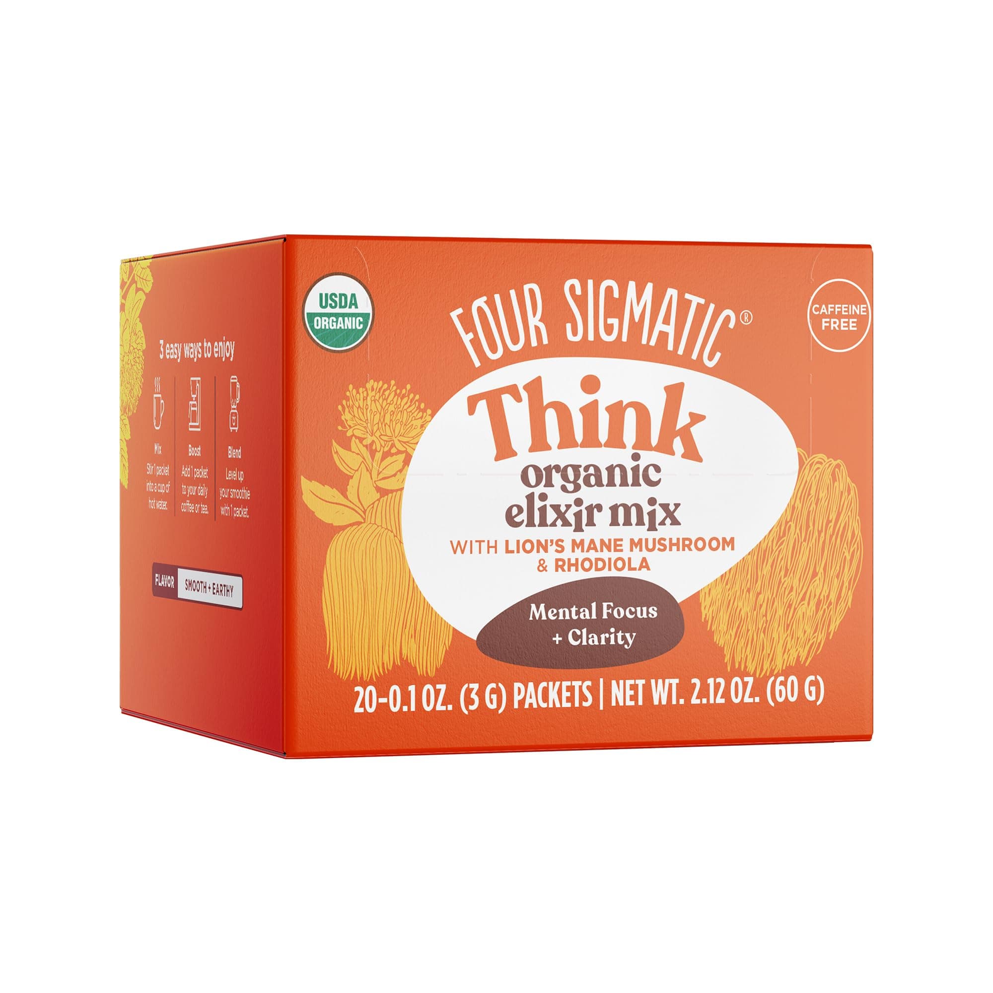 Four Sigmatic Lion's Mane Focus Elixir Mushroom Coffee Alternative | Organic Lion's Mane Mushroom Powder, Rhodiola & Rose Hips | Immune & Memory Support | Paleo | Pack of 20 Focus w/ Lion’s Mane & Rhodiola