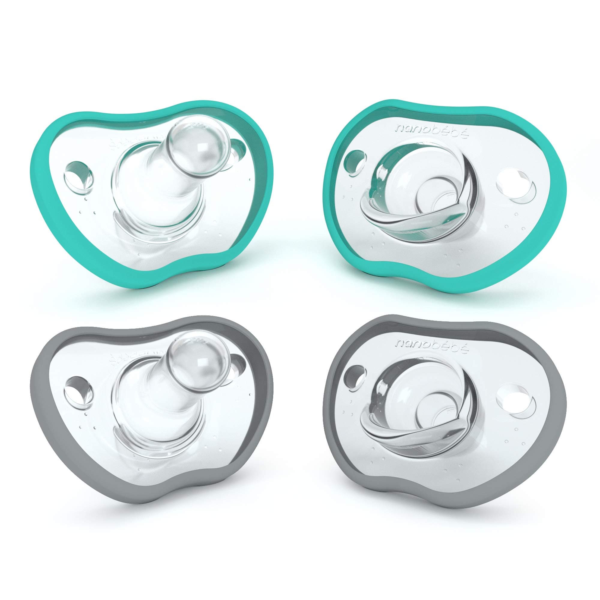 Nanobebe Baby Pacifiers 0-3 Month - Orthodontic, Curves Comfortably with Face Contour, Award Winning for Breastfeeding Babies, 100% Silicone, Baby Registry Gift 4pk,Teal/Grey 4 Count (Pack of 1) 0-3 Months Teal/Grey
