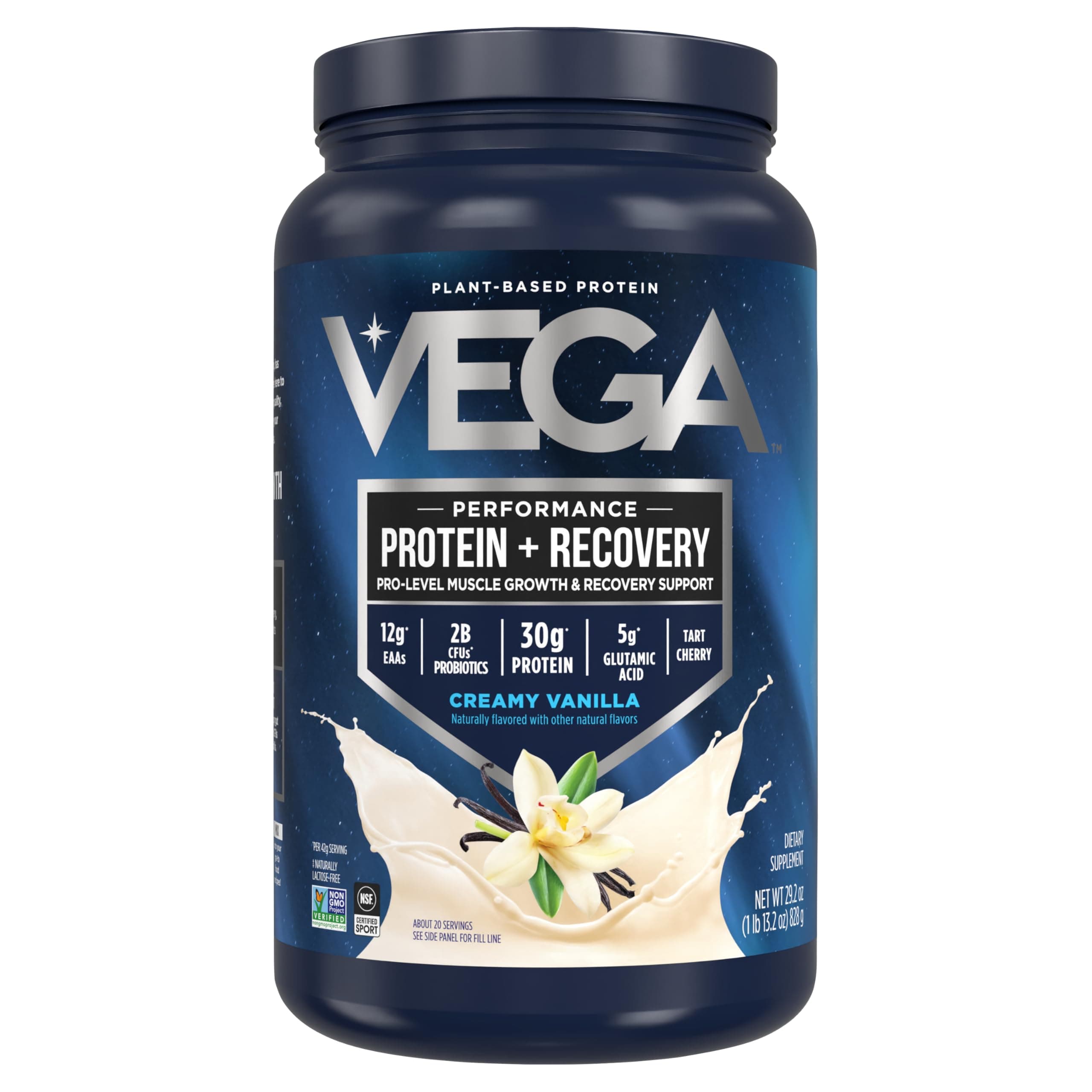 Vega Sport Vegan Protein Powder + Recovery - 30g Plant Based Protein per Serving, Vanilla, 20 Servings, 5g BCAAs, Probiotics, NSF Certified, for Shakes & Smoothies, 1.8lbs (Packaging May Vary) Vanilla 1.8 Pound (Pack of 1)