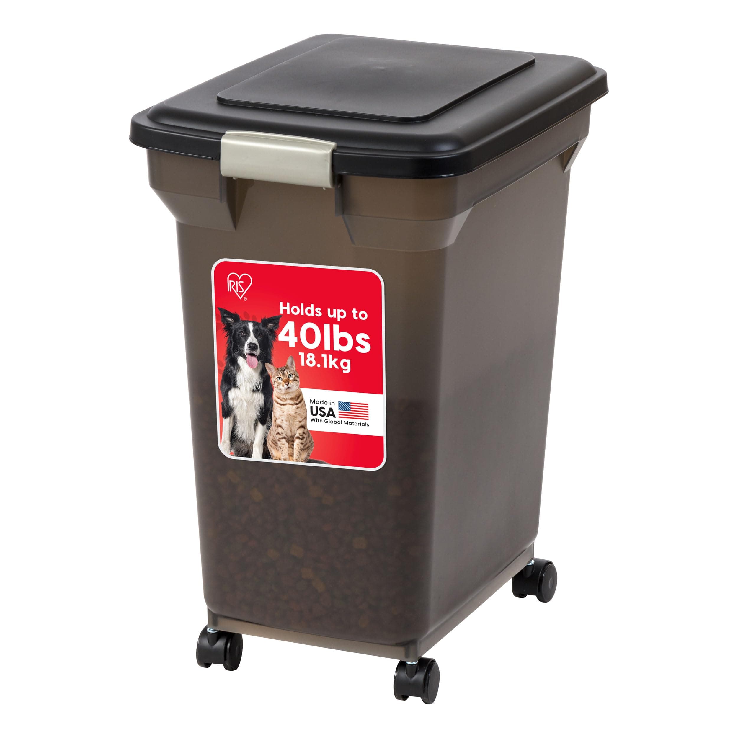IRIS USA Airtight Dog Food Storage Container, WeatherPro, Up to 40 lbs, Removable Wheels, for Dog Cat Bird and Other Pet Food Storage Bin, Keep Fresh, Translucent Body, Made in USA, Smoke/Black Smoke 40.0 Pounds