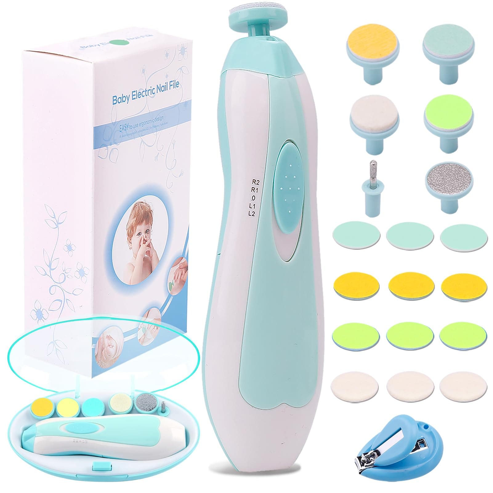 Baby Nail Trimmer Electric Nail File Baby Nail Clippers, Safe Nail Filer Grinder Kit for Newborn Infant Toddler Kids or Adults Toes Fingernails Care Trim Polish, with Led Light and 10 Grinding Heads White/Teal