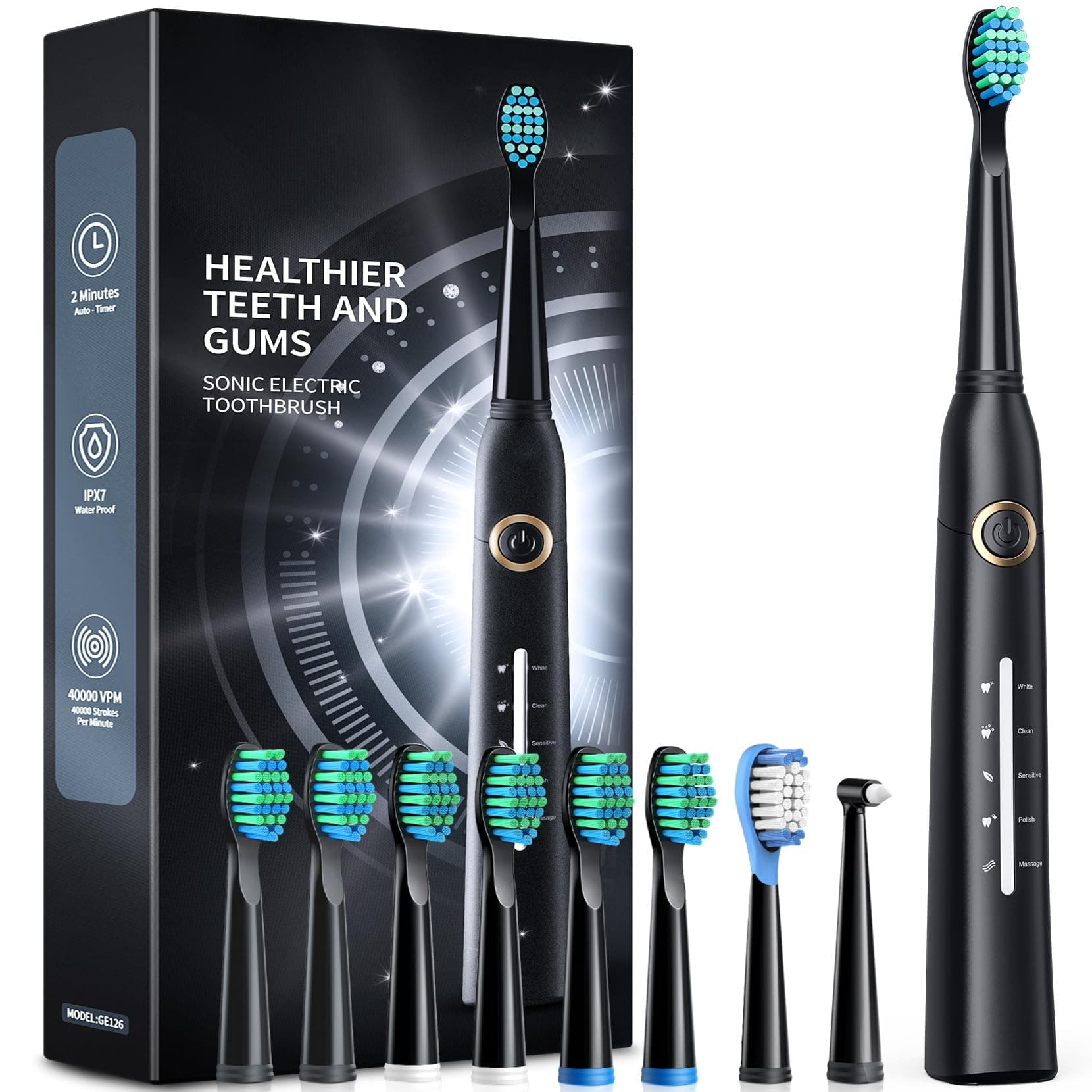 TEETHEORY Electric Toothbrush for Adults with 8 𝐁𝐫𝐮𝐬𝐡 𝐇𝐞𝐚𝐝𝐬, Sonic Electric Toothbrush with 40000 VPM Deep Clean 5 Modes, Rechargeable Toothbrushes Fast Charge 4 Hours Last 30 Days Standard Black