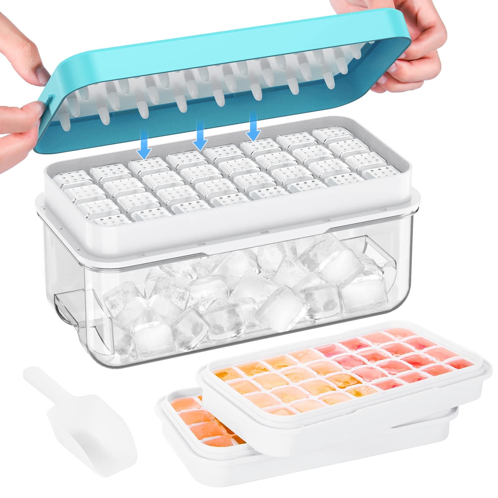 Ice Cube Tray with Lid and Bin, PHINOX 64 pcs Ice Trays for Freezer, Ice Cube Trays for Freezer with 2 trays, Container, Lid & Ice Scoop, BPA Free Blue 2-tier
