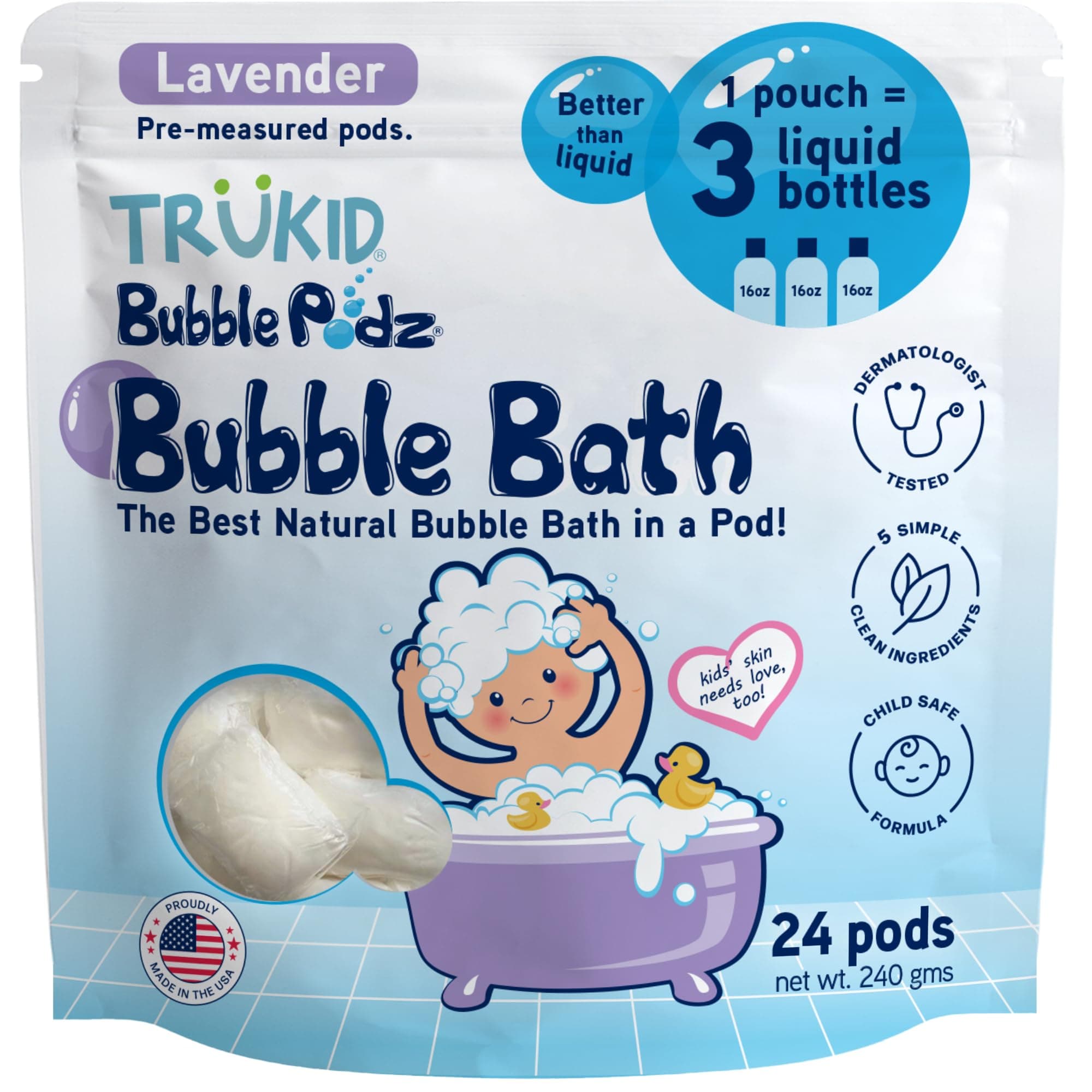 TruKid Bubble Podz Bubble Bath for Kids, Toddlers, & Babies, Tear Free Gentle & Refreshing Bath Bomb for Sensitive Skin with Natural Moisturizers, Non-Toxic, pH Balanced, Lavender Scent (24 Podz) Lavender 24 Count (Pack of 1)