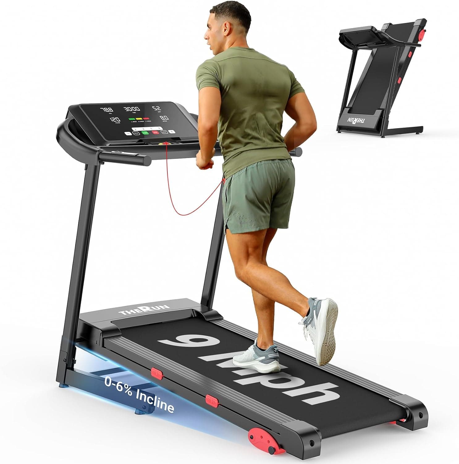 THERUN Home Treadmill with Incline Adjust, 3.0 HP Treadmill, Heart Rate Monitoring, Wider Running Belt Light Red-Manual Incline