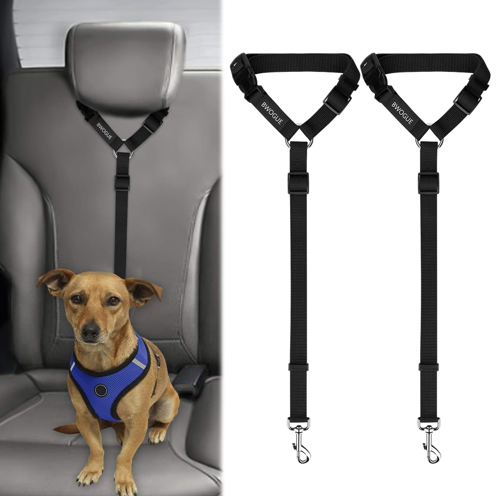 BWOGUE 2 Packs Dog Cat Safety Seat Belt Strap Car Headrest Restraint Adjustable Nylon Fabric Dog Restraints Vehicle Seatbelts Harness Black Not elastic