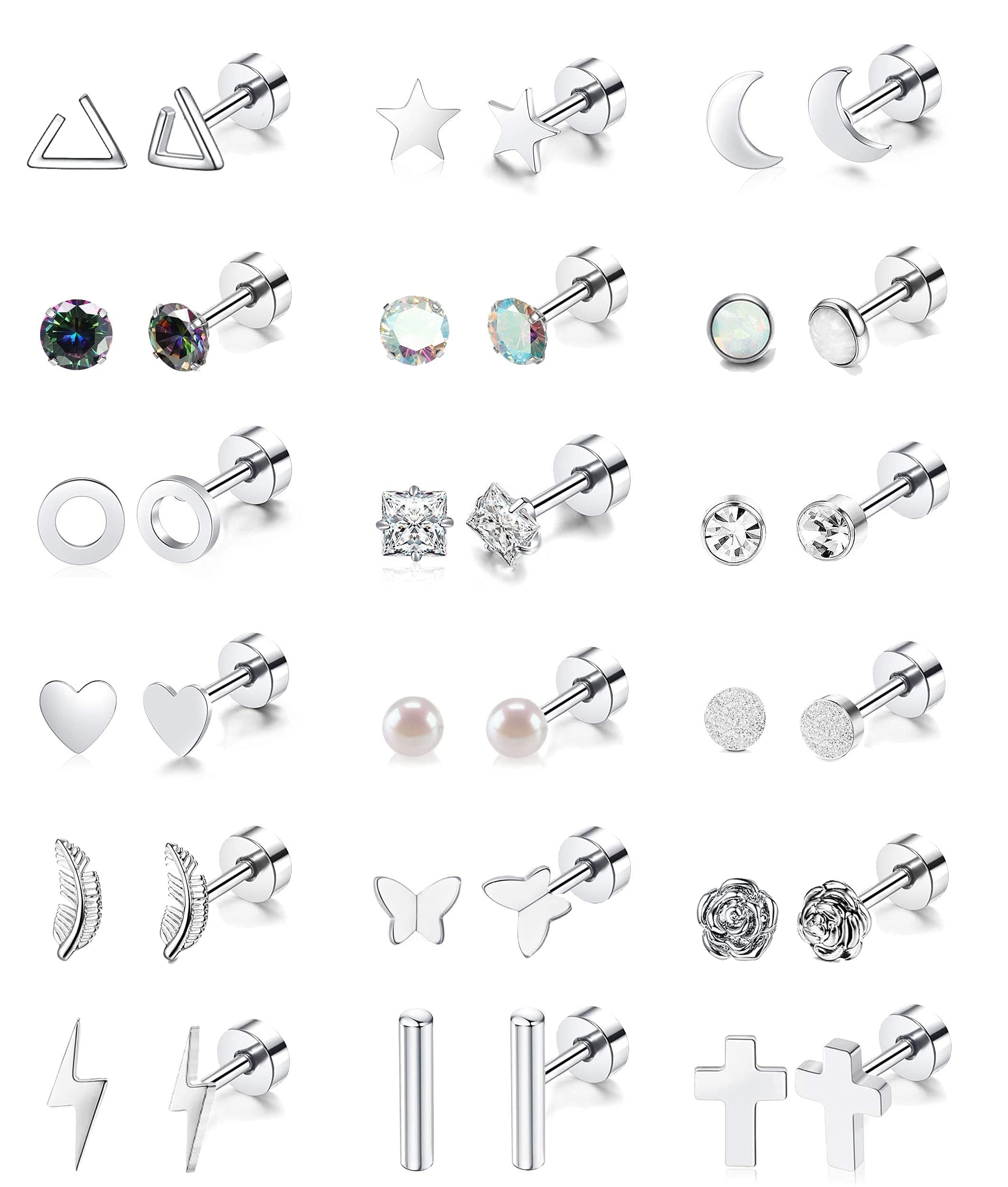 18 Pairs Stainless Steel Stud Earrings Set for Women Men Star Moon flower Heart Leaf Opal 20G Cartilage Earrings Hypoallergenic Flatback Earrings Piercing Jewelry 18 Pairs Silver