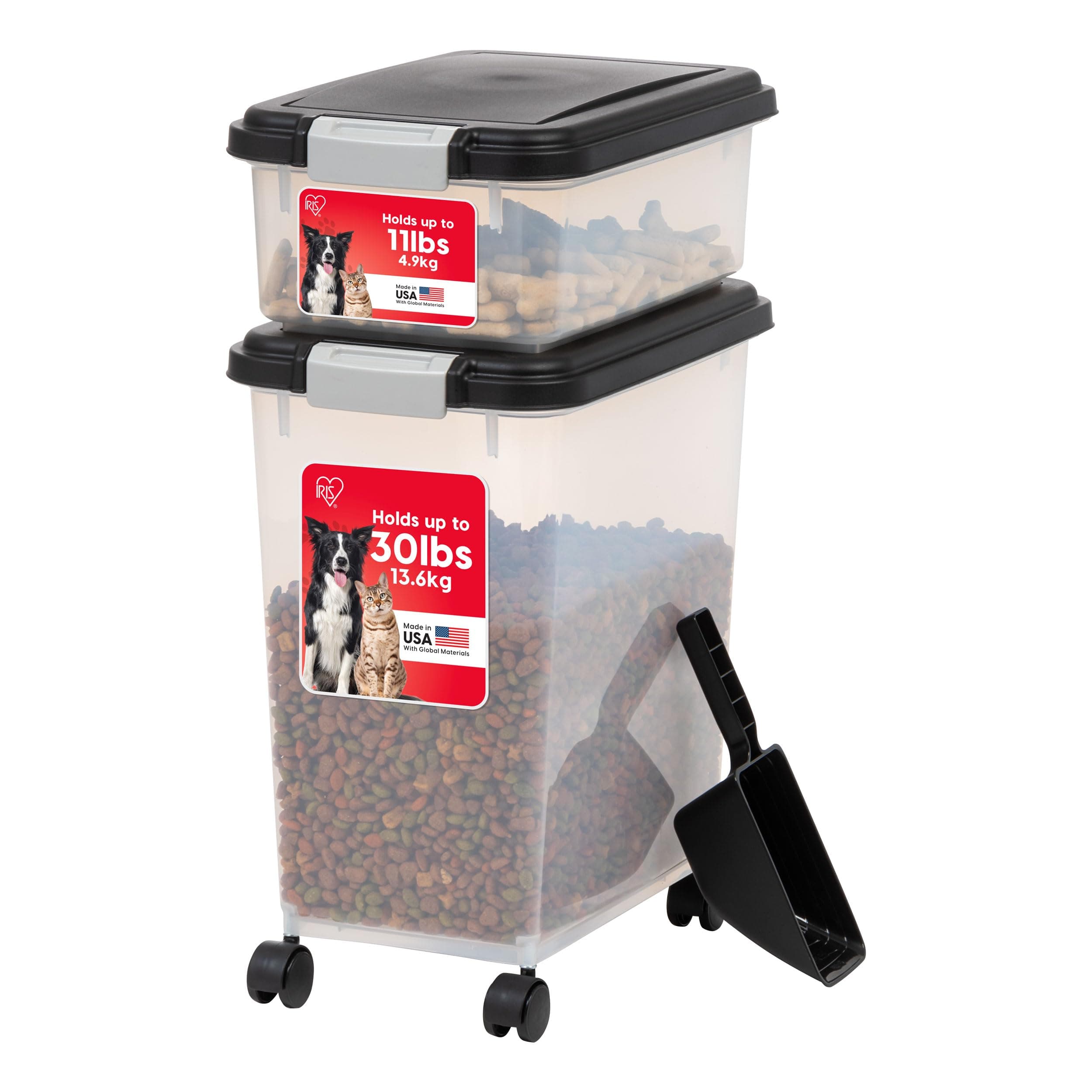IRIS USA 30 lbs & 11 lbs Combo Airtight Dog Food Storage Container, Stackable Treat Box, 2-Cup Scoop, Wheels, Keep Fresh, Easy Mobility, Black 30 lbs + 11 lbs Black