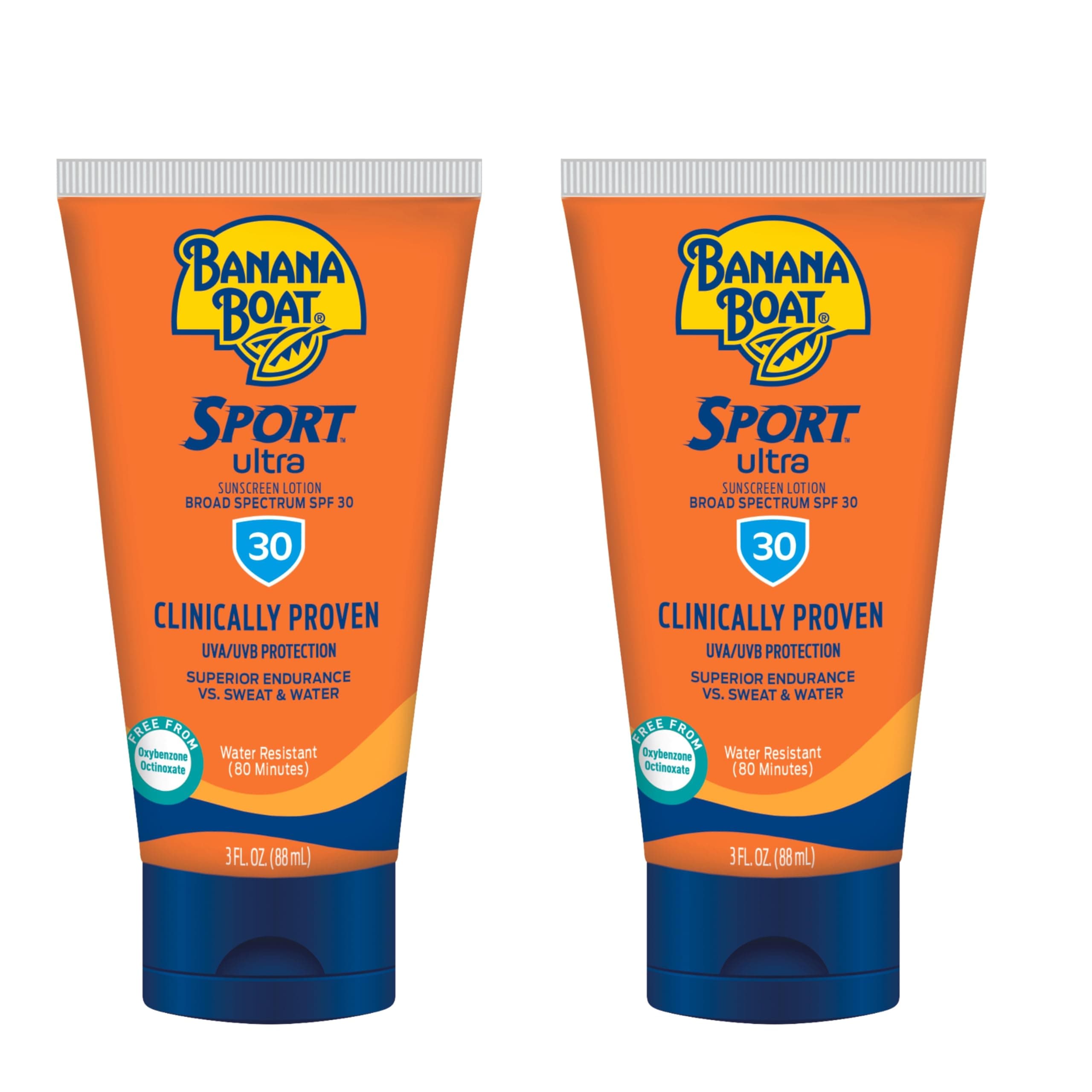 Banana Boat Sport Ultra Sunscreen Lotion SPF 30, Travel Size 3oz Twin Pack, Sweat & Water Resistant Sunblock for Active Lifestyle(Pack of 2) 3 Fl Oz (Pack of 2) SPF 30