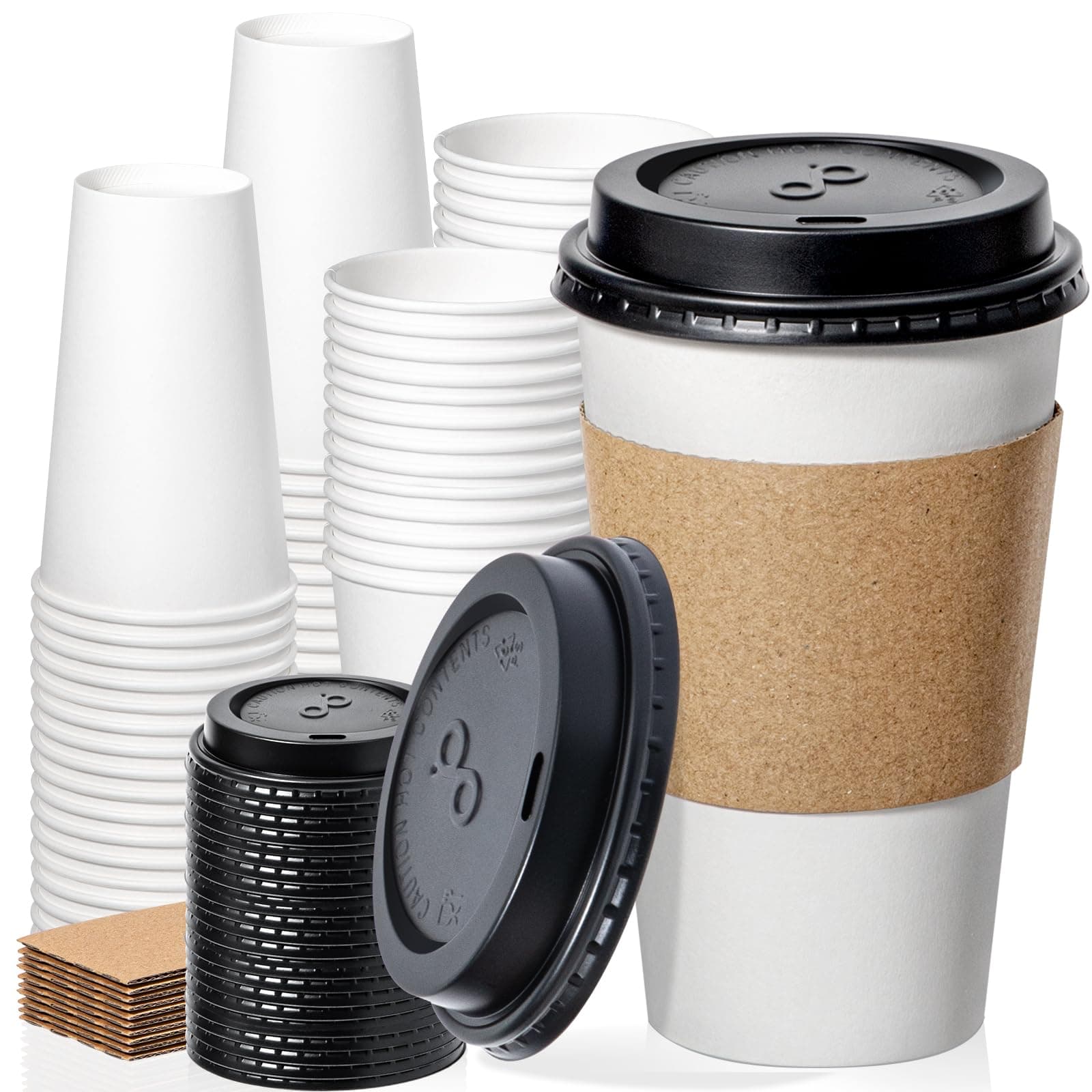 Fit Meal Prep 50 Pack 16 oz Disposable Coffee Cups with Lids, Sleeves, Leak-Proof To Go Coffee Cups with Lids, Durable Paper Cups for Hot Beverage, Home, Office, Party 16 oz 50
