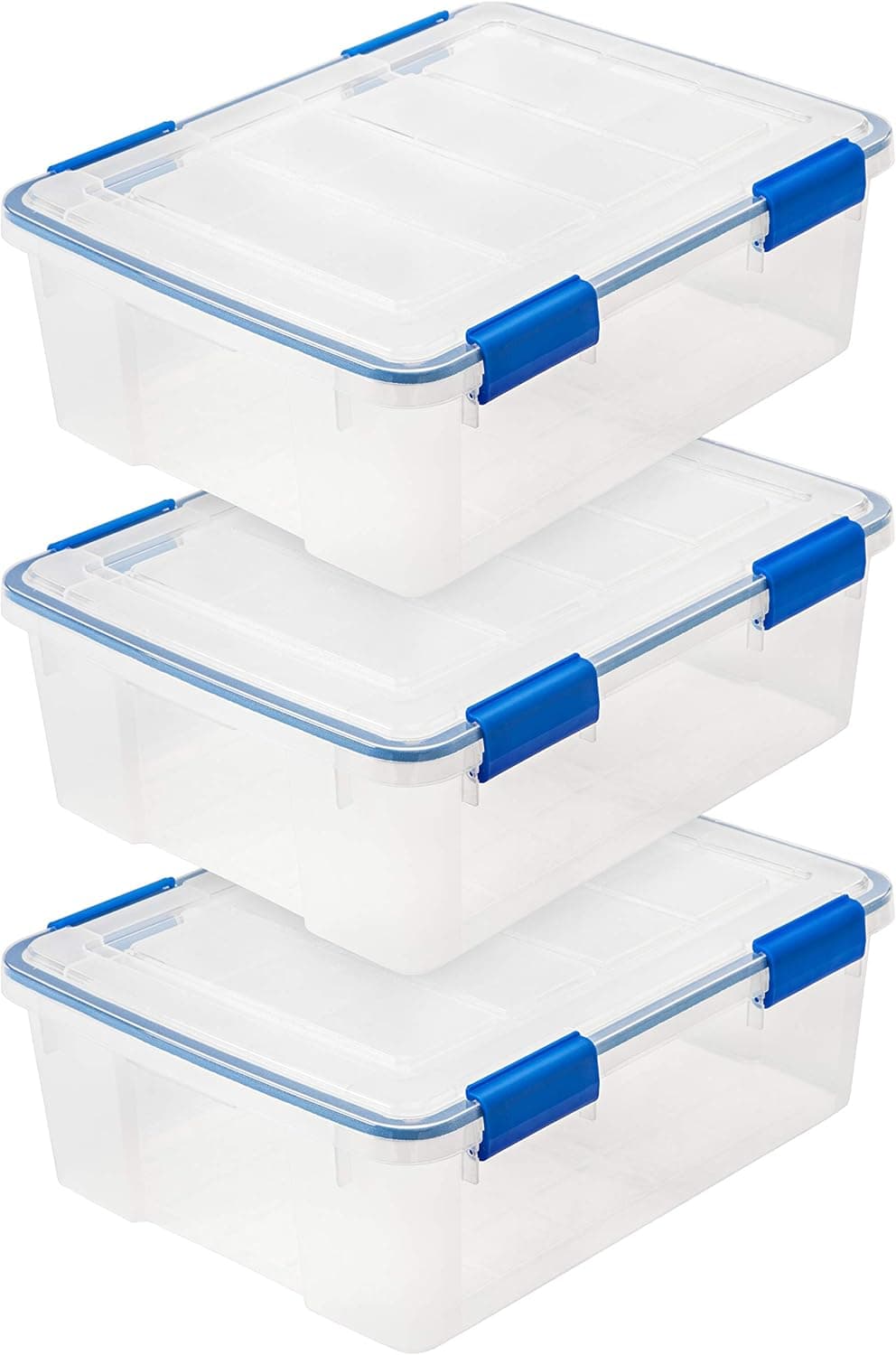 IRIS USA 26.5 Quart WEATHERPRO Plastic Storage Box with Durable Lid and Seal and Secure Latching Buckles, 3 Pack, Weathertight, Keep Pest Dust and Moisture Out, for Oversized Bulky Items, Clear/Blue 27 Qt. - 3 Pack
