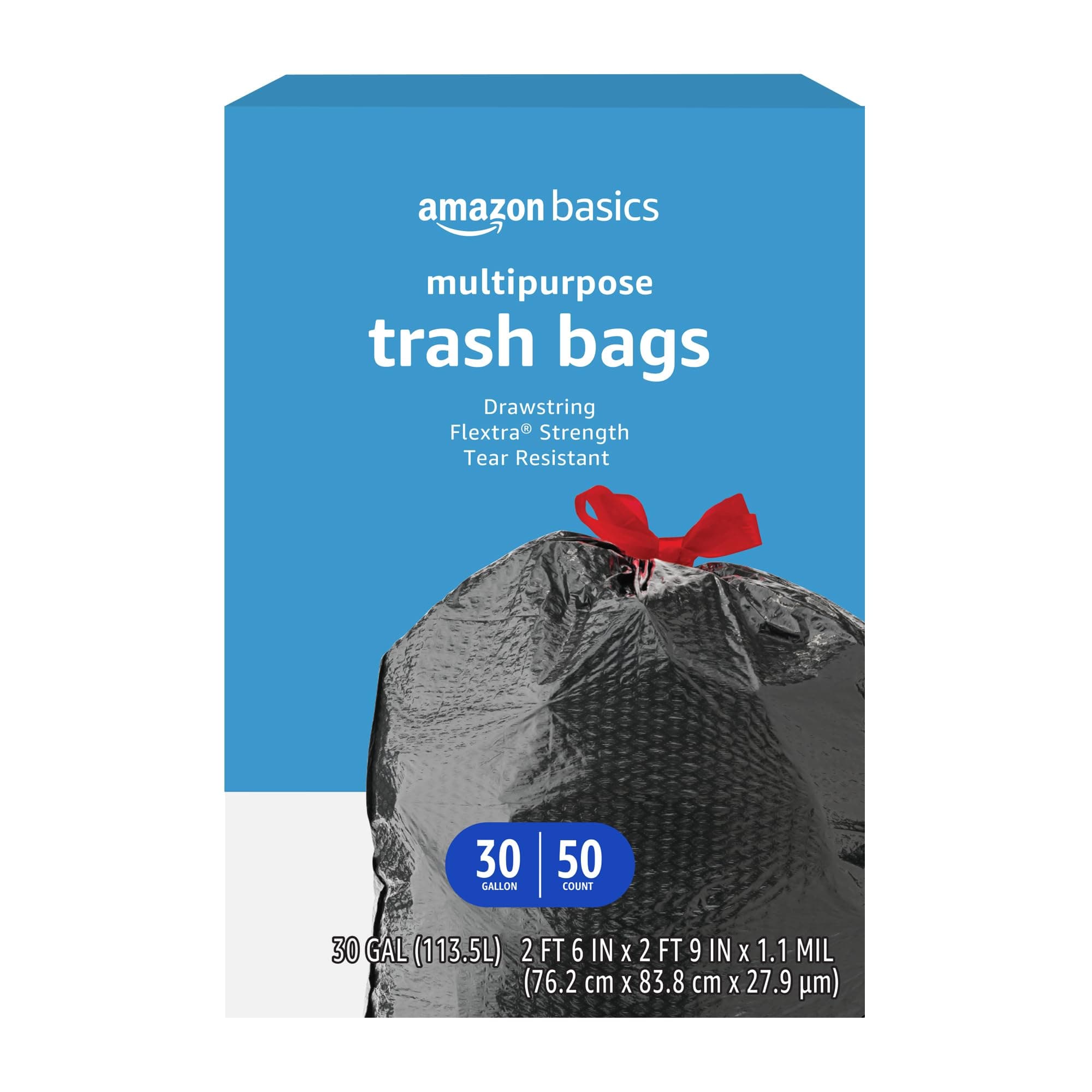 Amazon Basics Flextra Multipurpose Drawstring Trash Bags, 30 Gallon, 50 Count Flextra 50 Count (Pack of 1)