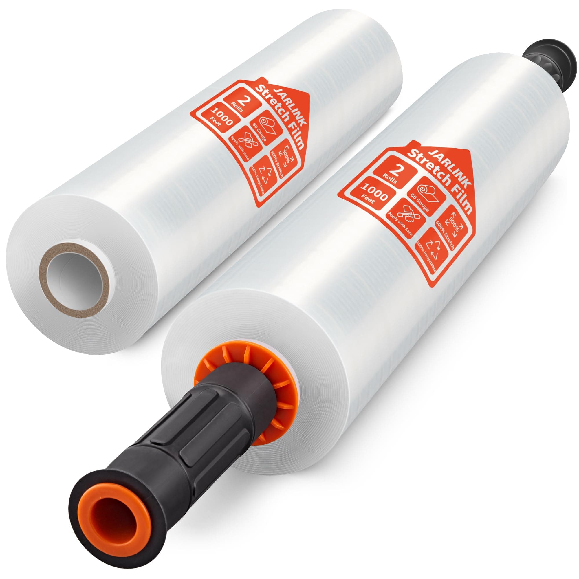 JARLINK Stretch Film, 15 Inch x 1000 Feet Shrink Wrap for Pallet Wrap, Industrial Strength Stretch Wrap with Handles, Moving Wrapping Plastic Roll, 60 Gauge, 2 Pack, Clear 2 Pack Orange Handles