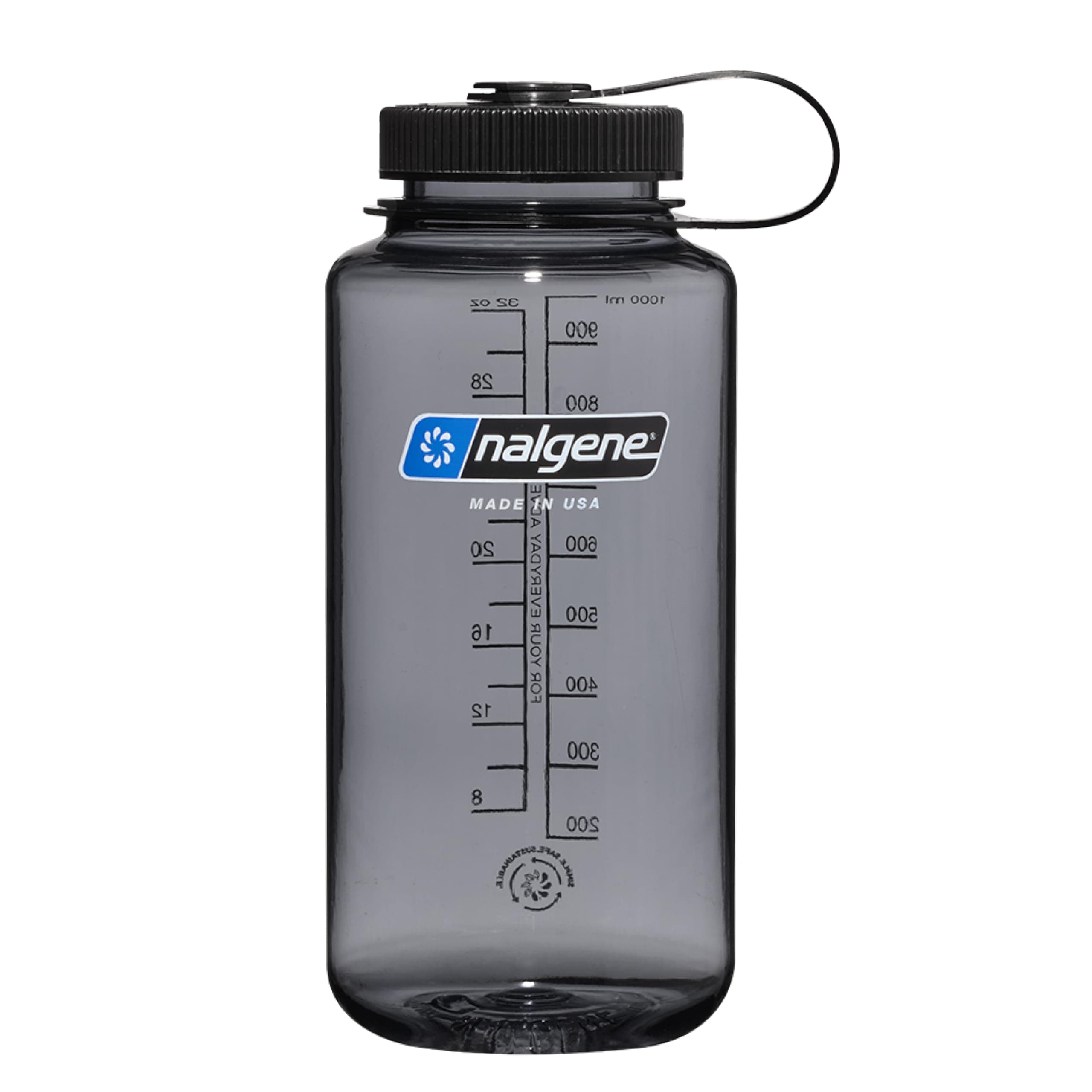 Nalgene Sustain Tritan BPA-Free Water Bottle Made with Material Derived From 50% Plastic Waste (using ISCC certified mass balance), 32 OZ, Wide Mouth Gray w/ Black Lid 32 Ounces