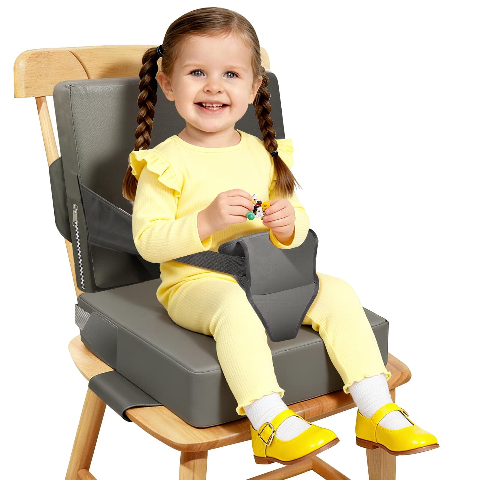 Toddler Booster Seat for Kitchen Chair - Portable PU Waterproof Dining Table Booster Cushion with Backrest and Adjustable Straps, Safe Toddler Seat for Table Eating (Fits Most Chairs) Dark Gray 12.6"x14"x4"