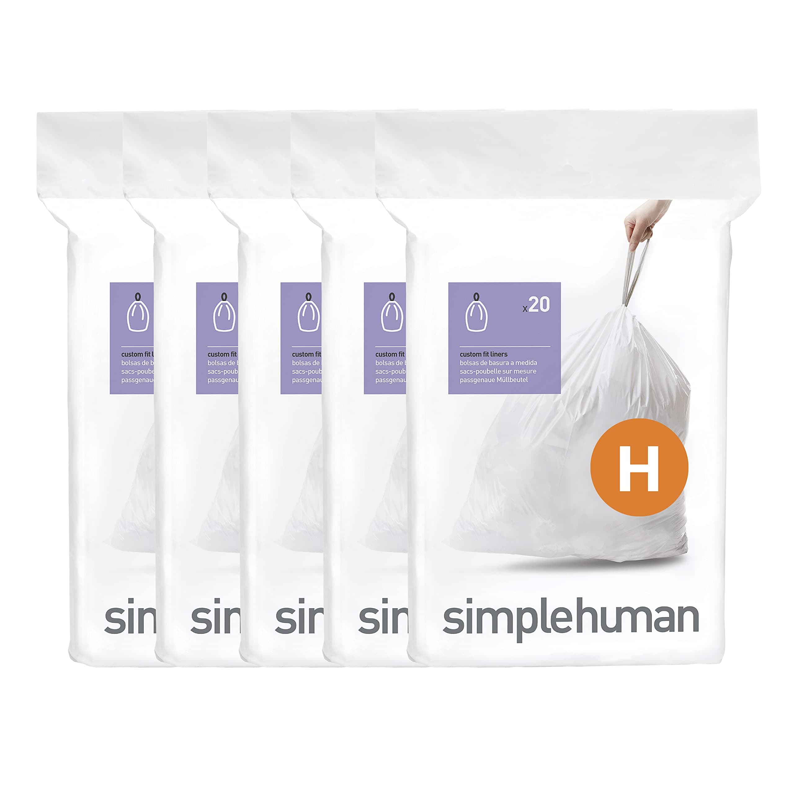 simplehuman Code H 100 Count, Dispenser Pack Custom Fit Liners, Drawstring Trash Bags, 30-35 Liter / 8-9 Gallon, White White 100 Count (Pack of 1) Code H