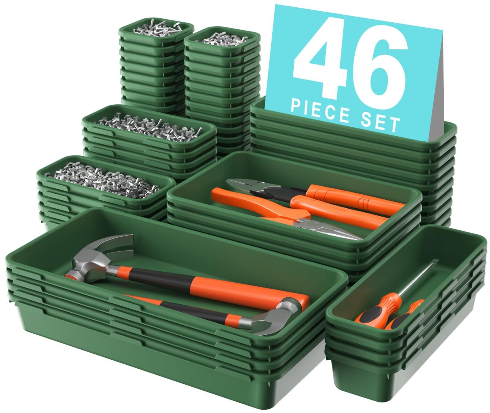 A-LuGei 【𝟰𝟲𝗣𝗖𝗦 & 5 Size】 Tool Box Organizer Tray Divider Set,【Army Green】 Desk Drawer Organizer,Garage Organization and Storage Toolbox Accessories Rolling Tool Chest Cart WorkBench Small Part 5 size 46pcs ArmyGreen