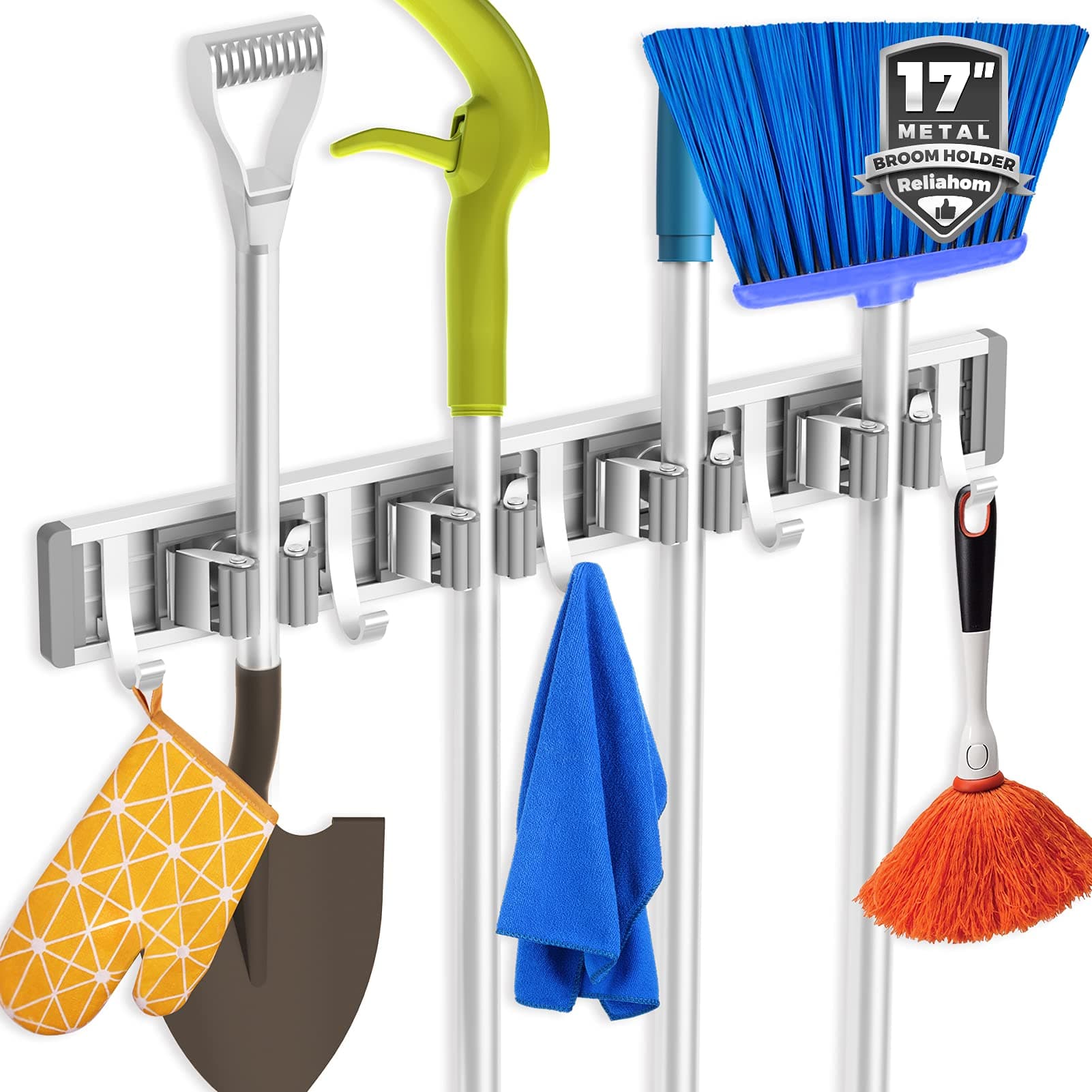 reliahom Broom Holder Wall Mount Mop and Broom Hanger Wall Mounted Garage Storage Rack Kitchen Garden Tool Organizer (4 Racks with 5 Hooks, Silver) Silver 1 Pack 4R5H