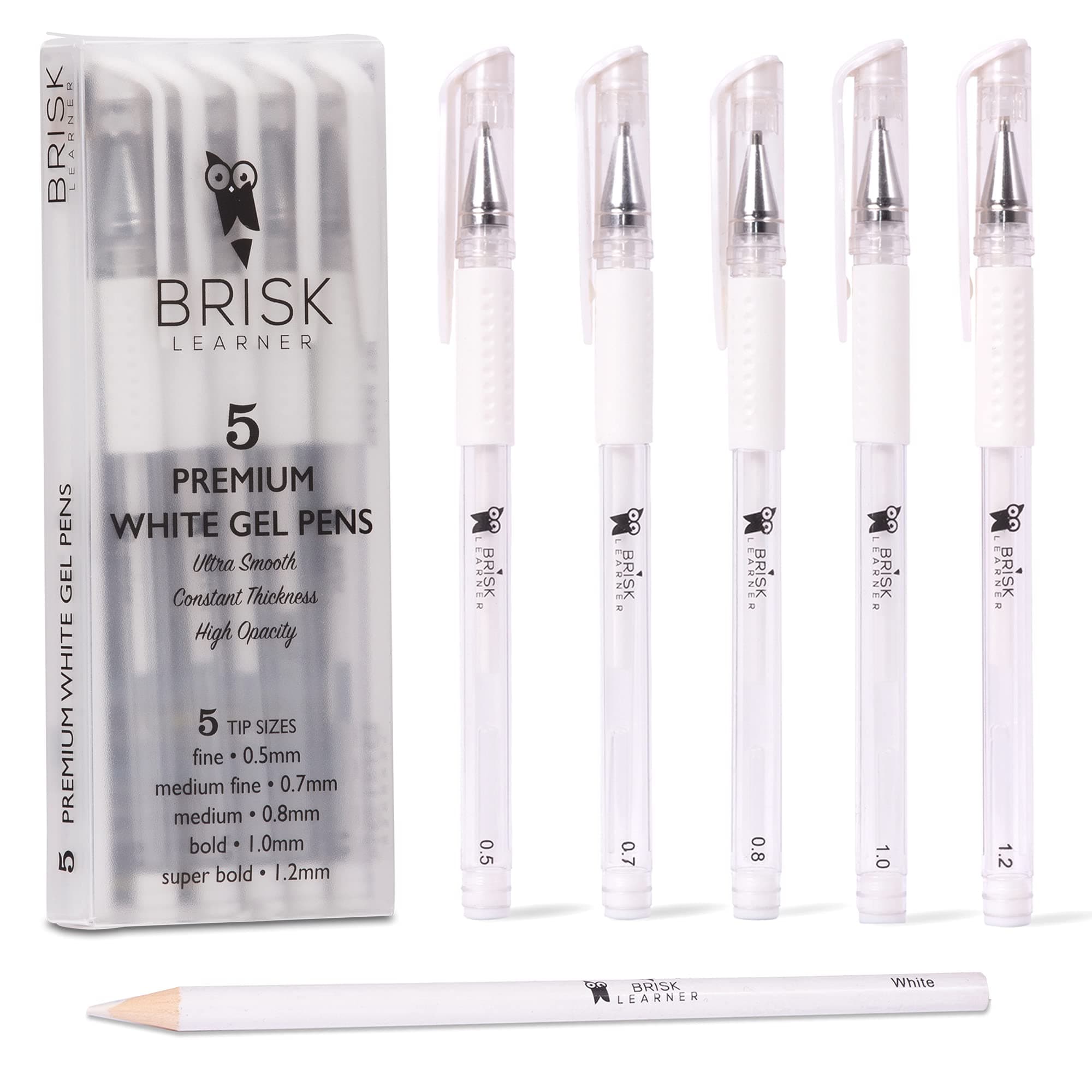 5 White Gel Pens - 5 Tip Sizes - 0.5, 0.7, 0.8, 1.0, 1.2mm for Artists - Archival White Ink for Art, Drawing, Journaling, Watercolor, Black Paper 5 Count (Pack of 1)