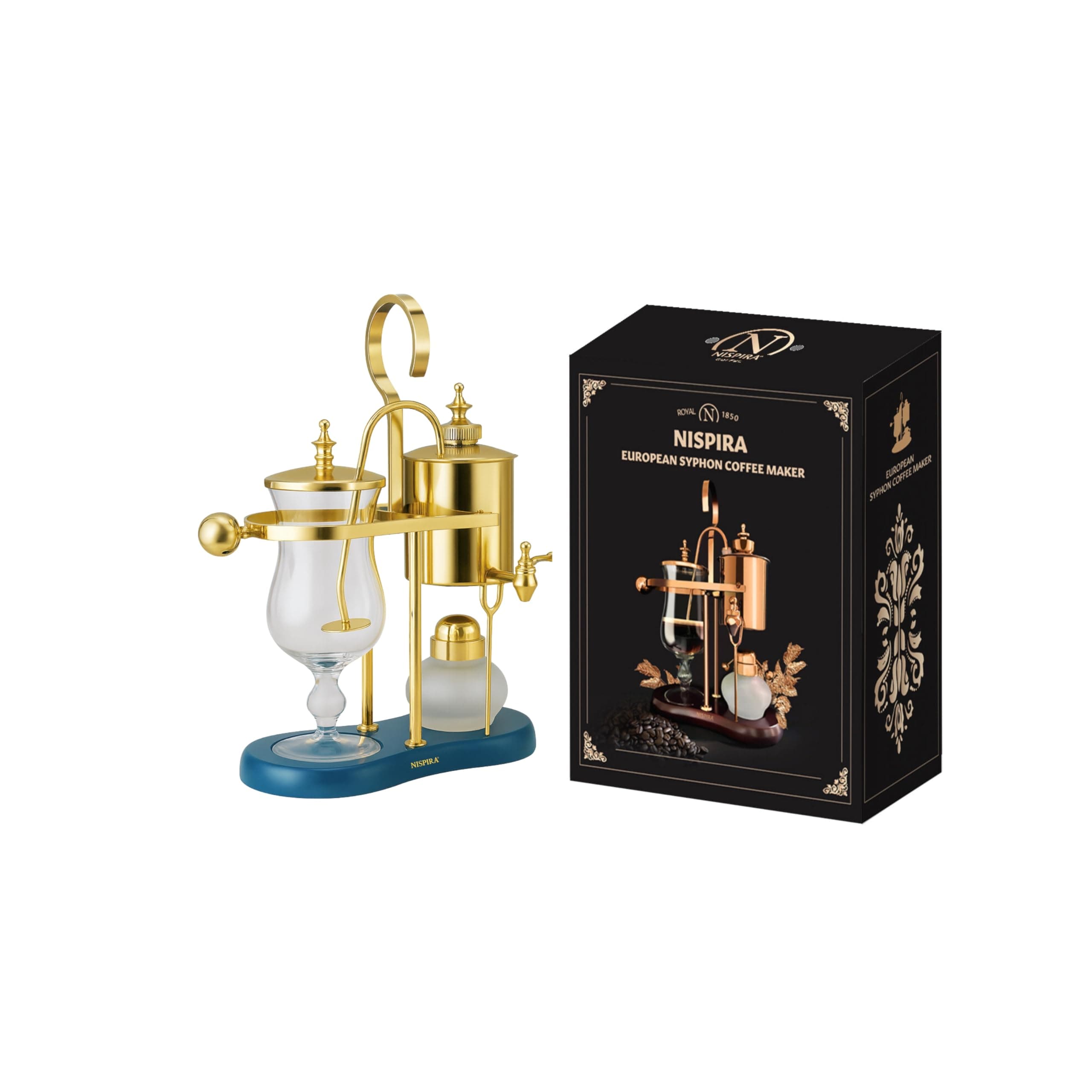 Nispira Belgium Royal Family Balance Syphon Unique Gravity Vintage Coffee Maker Vacuum Brewing System Gold with Peacock Blue Base, 500 ml Gold / Peacock Blue