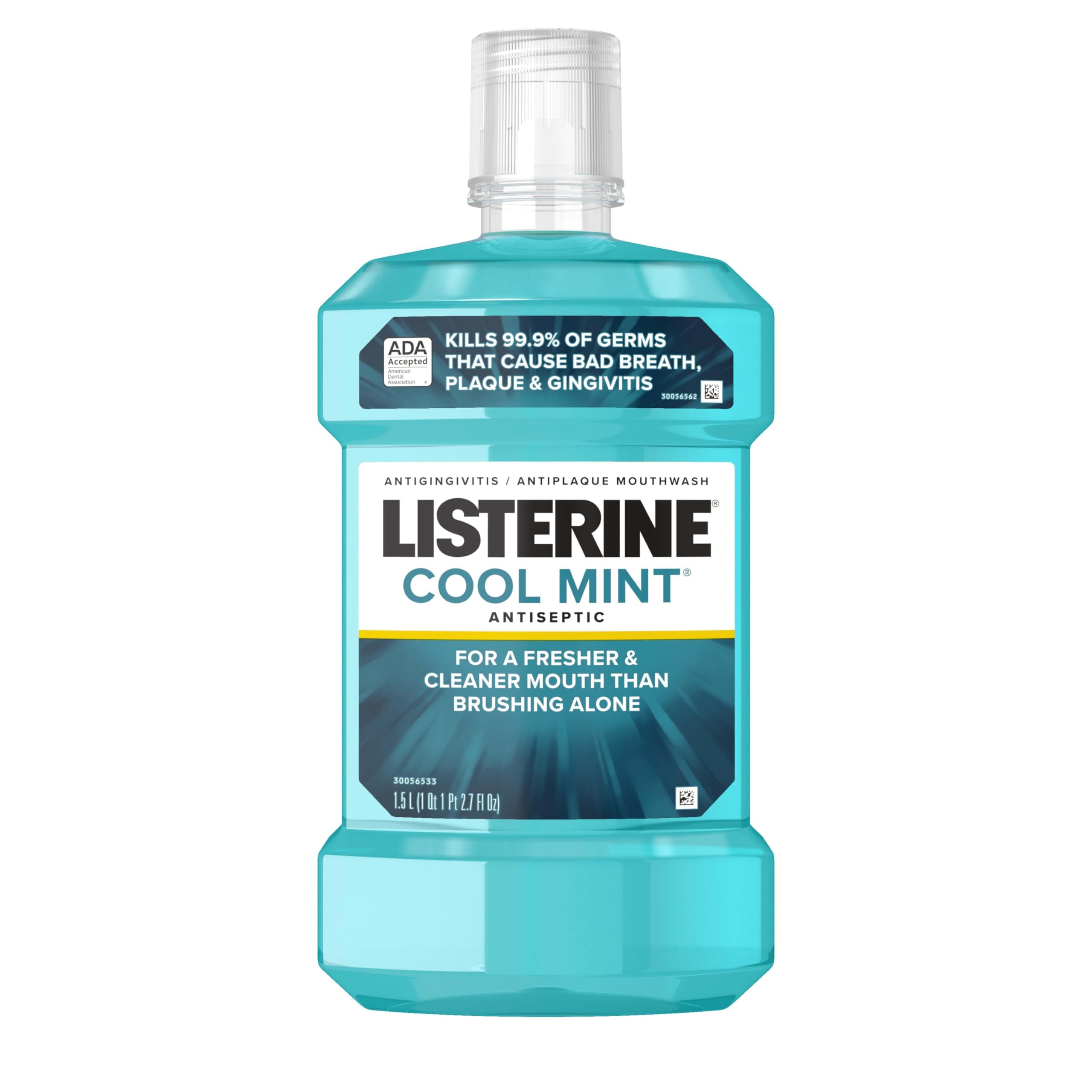 Listerine Cool Mint Antiseptic Mouthwash, Daily Oral Rinse Kills 99.9% of Germs that Cause Bad Breath, Plaque and Gingivitis. For a Fresh, Clean Mouth, Cool Mint Flavor, 1.5 L 50.72 Fl Oz (Pack of 1)