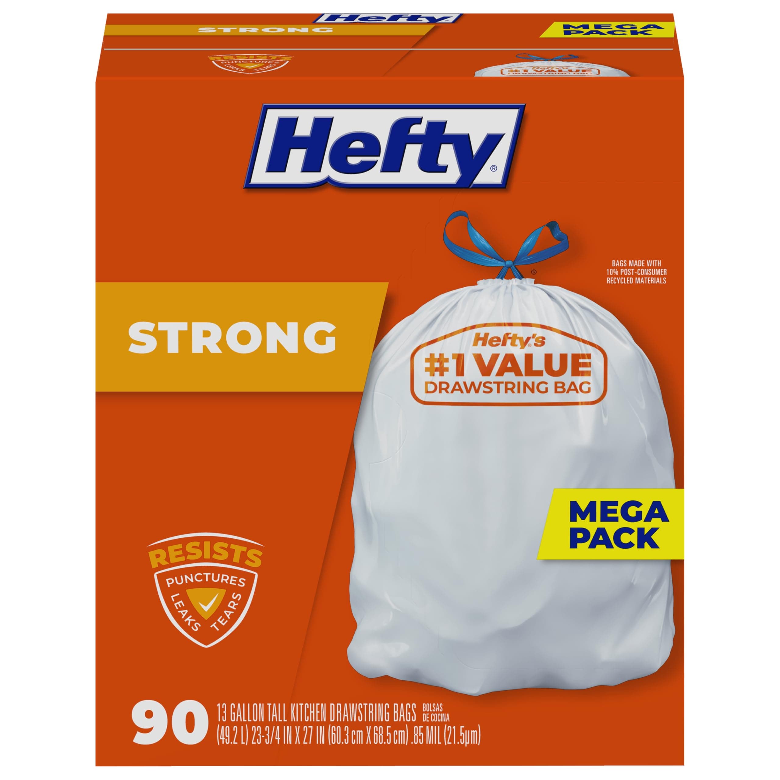 Hefty Strong 13 Gallon Trash Bags, Tall Kitchen Trash Bags, UnscentedLarge Trash Bags with Drawstrings, Durable Closure, Resists Leaks, Punctures, and Tears, White, Unscented, 90 Bags 90 Count (Pack of 1)